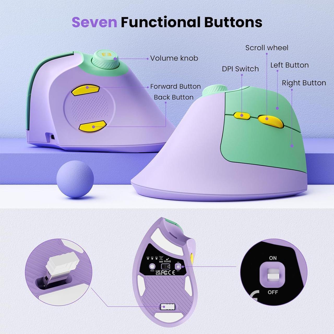Alt view image 6 of 7 - seenda Ergonomic Mouse Rechargeable, Vertical Wireless Mouse with Volume knob, Quiet clicks, 3 Device Connection (Bluetooth or USB), Optical Mice for Windows, PC/Mac- Purple
