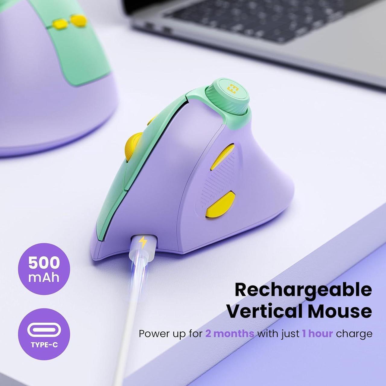 Alt view image 5 of 7 - seenda Ergonomic Mouse Rechargeable, Vertical Wireless Mouse with Volume knob, Quiet clicks, 3 Device Connection (Bluetooth or USB), Optical Mice for Windows, PC/Mac- Purple