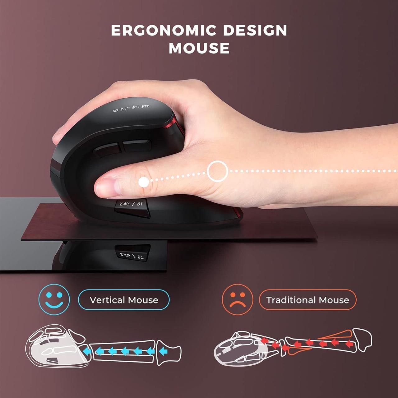 Alt view image 2 of 6 - seenda Ergonomic Mouse, Wireless Vertical Mouse - Rechargeable Optical Mice for Multi-Purpose (Bluetooth 5.0 + Bluetooth 3.0 + USB Connection) Compatible Apple Mac and Windows Computers - Red