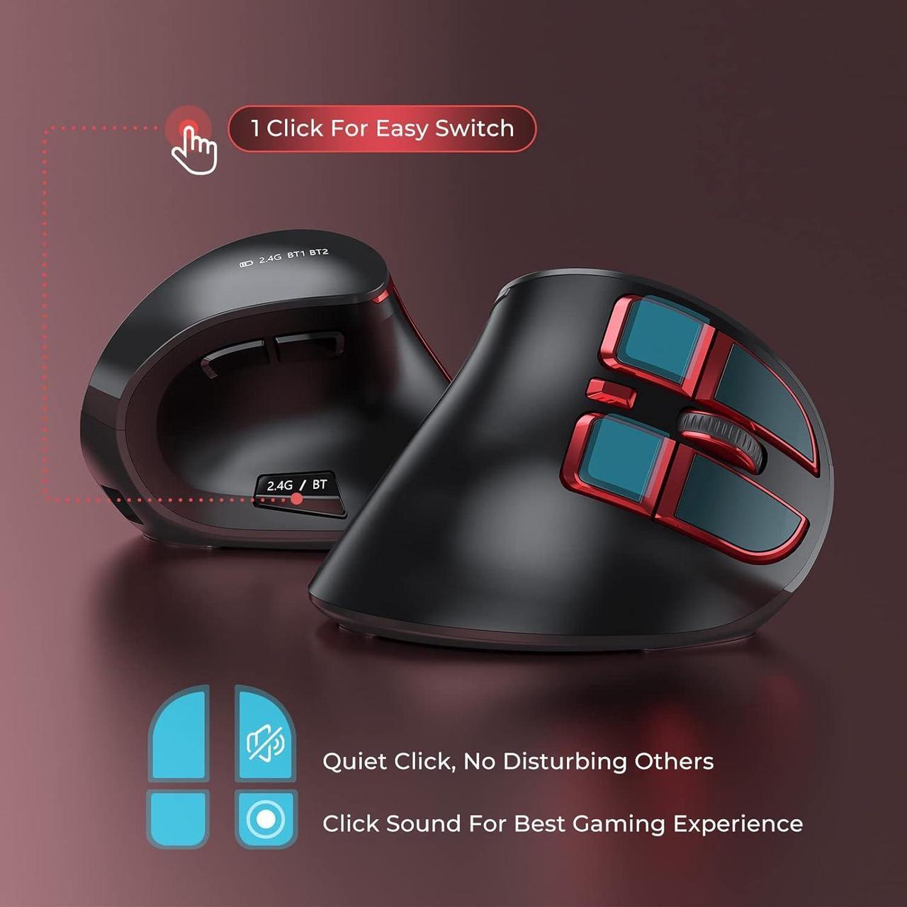 Alt view image 3 of 6 - seenda Ergonomic Mouse, Wireless Vertical Mouse - Rechargeable Optical Mice for Multi-Purpose (Bluetooth 5.0 + Bluetooth 3.0 + USB Connection) Compatible Apple Mac and Windows Computers - Red