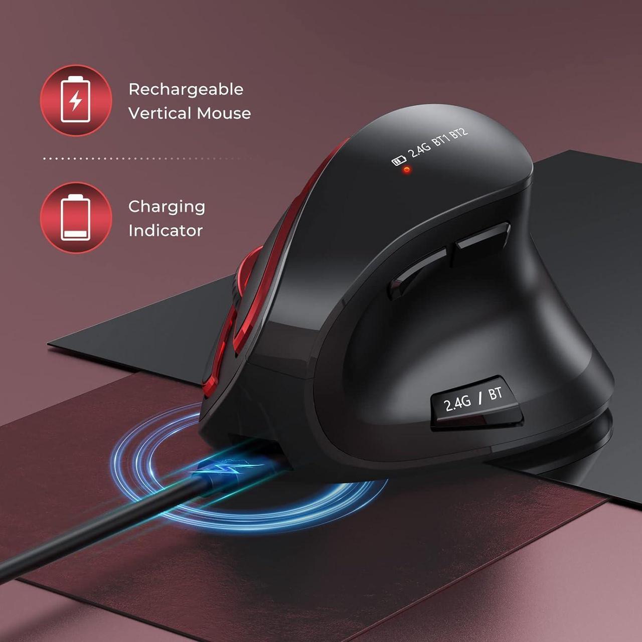 Alt view image 4 of 6 - seenda Ergonomic Mouse, Wireless Vertical Mouse - Rechargeable Optical Mice for Multi-Purpose (Bluetooth 5.0 + Bluetooth 3.0 + USB Connection) Compatible Apple Mac and Windows Computers - Red