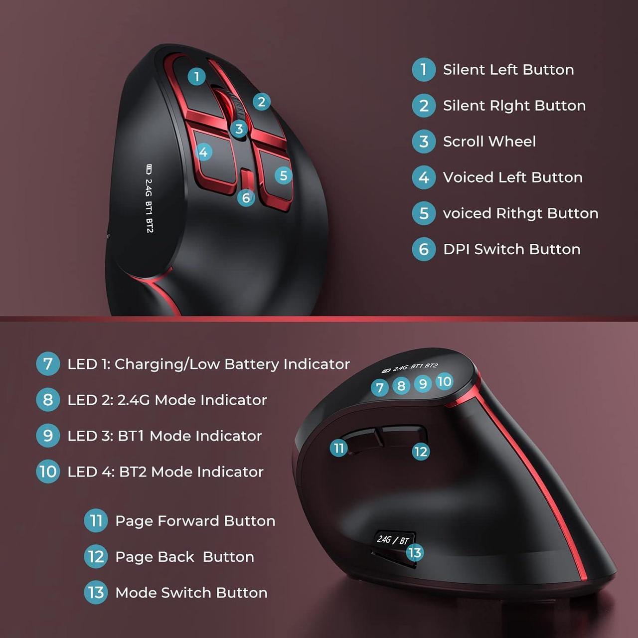 Alt view image 5 of 6 - seenda Ergonomic Mouse, Wireless Vertical Mouse - Rechargeable Optical Mice for Multi-Purpose (Bluetooth 5.0 + Bluetooth 3.0 + USB Connection) Compatible Apple Mac and Windows Computers - Red