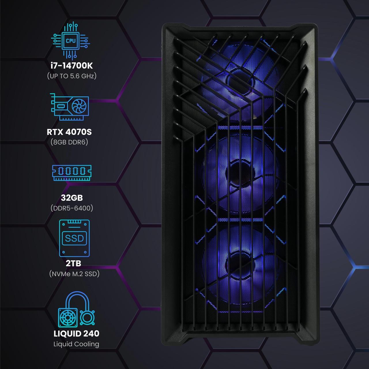 Alt view image 2 of 6 - Hyper Cyber Rage X Liquid Cool Gaming Desktop - Intel Core i7 14700K, NVIDIA GeForce RTX 4070 Super, DDR5-6400 RGB 32GB, 2TB NVMe M.2 SSD, Windows 11, WiFi, Xtreme VR