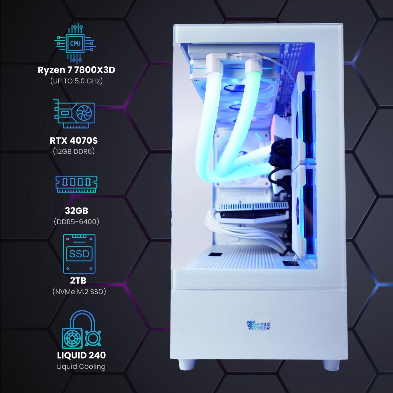 Alt view image 2 of 6 - Hyper Cyber Rage Y Liquid Cool Gaming Desktop - AMD Ryzen 7 7800X3D, Nvidia Geforce RTX 4070 Super, 32GB DDR5, 2TB SSD, Windows 11, WiFi, Xtreme VR