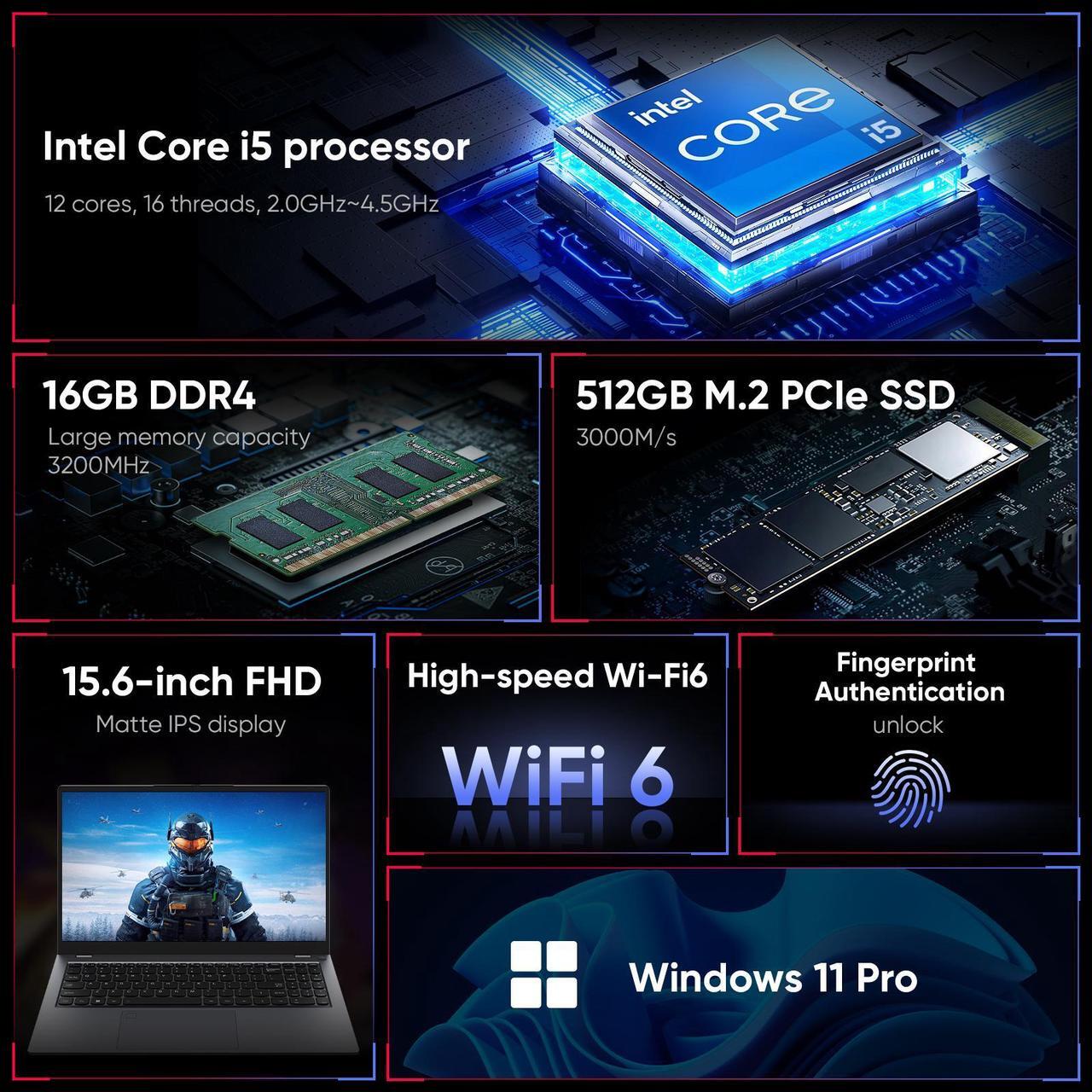 Alt view image 2 of 7 - TPV Laptop Core i5-1240P, 15.6" 16GB DDR4 RAM 512GB Pcie SSD, 1920*1080 IPS Windows 11 Notebook, Wi-Fi 6, BT5.2, 2MP Camera, Fingerprint Unlock, Backlit English Keyboard, Laptop Telework Office, Gray