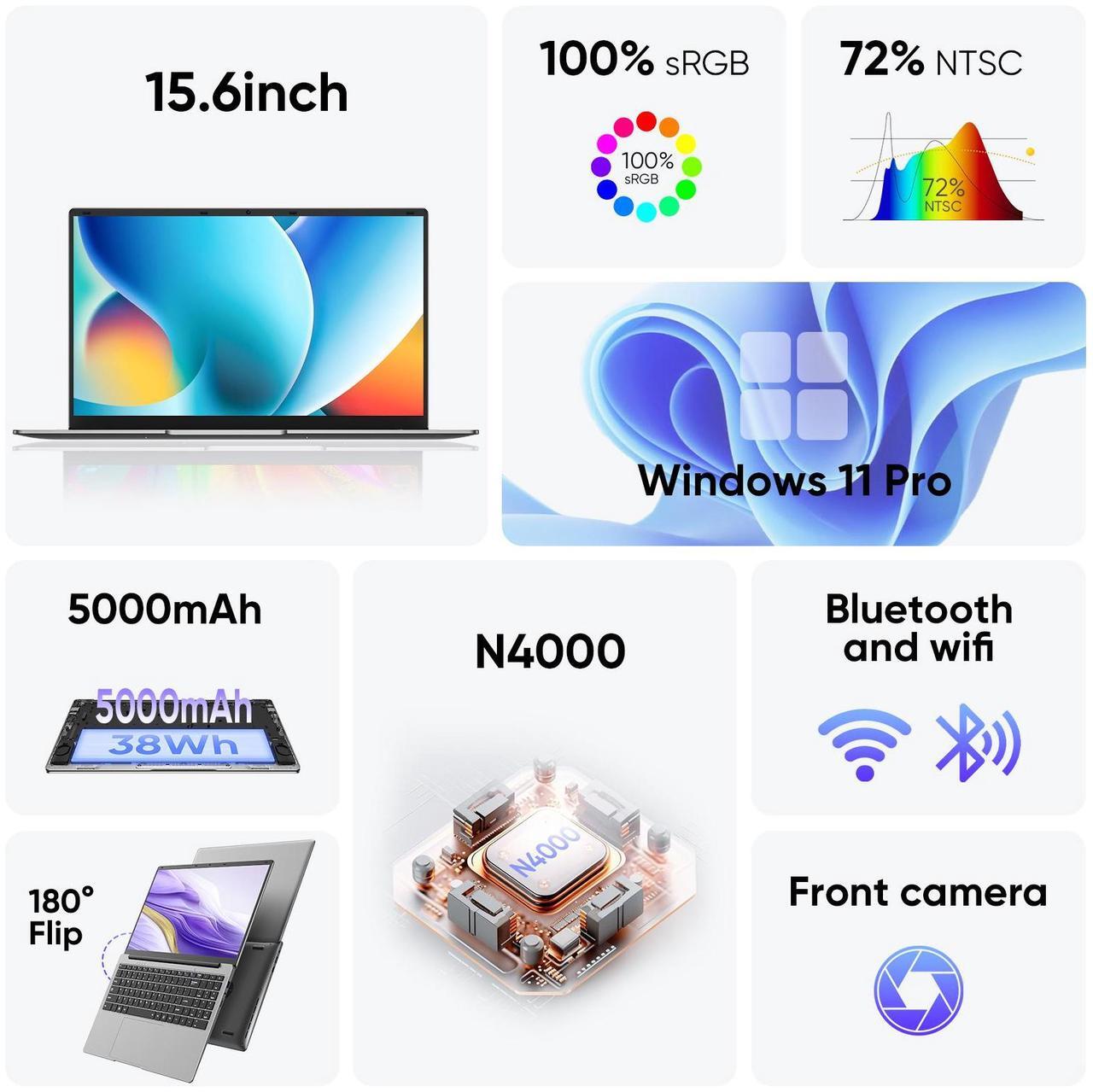 Alt view image 2 of 7 - TPV 15.6 inch Windows 11 Pro Laptop,8GB RAM 256GB SSD,Intel Celeron N4000(up to 2.6GHz), 100% sRGB Screen FHD 1920 x 1080, MS Office 2024, WiFi, BT 4.0, 2xUSB, 5000mAh Battery