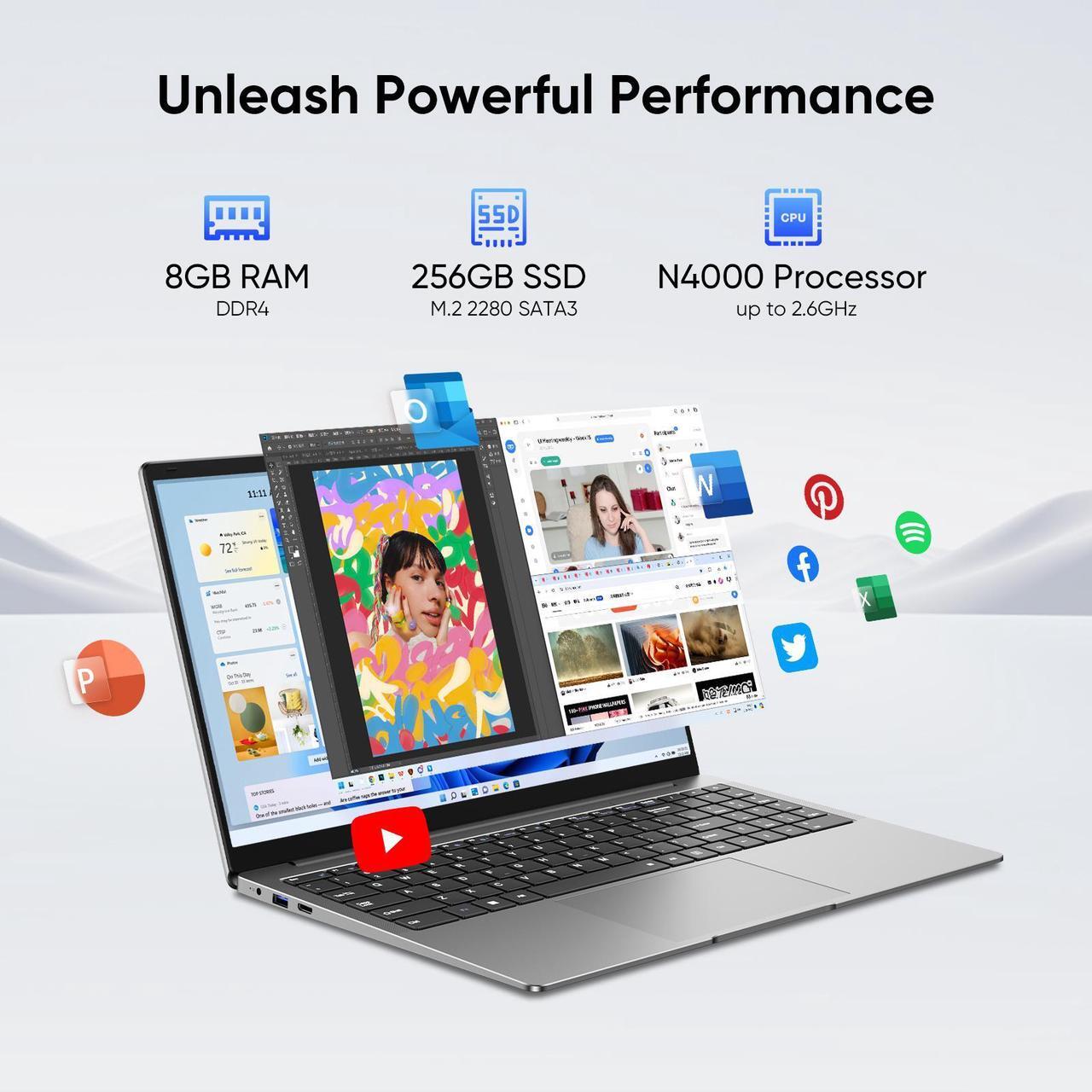 Alt view image 4 of 7 - TPV 15.6 inch Windows 11 Pro Laptop,8GB RAM 256GB SSD,Intel Celeron N4000(up to 2.6GHz), 100% sRGB Screen FHD 1920 x 1080, MS Office 2024, WiFi, BT 4.0, 2xUSB, 5000mAh Battery
