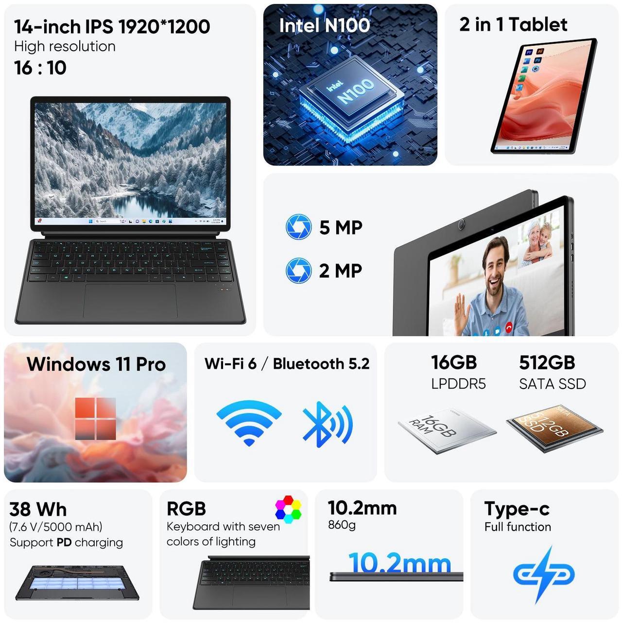 Alt view image 2 of 7 - TPV 2 in 1 Laptop/Tablet Computer, Intel N100 (UP to 3.40GHz), 16GB LPDDR5 512GB SSD Windows 11 Laptop, 14" 1920*1200 Resolution 16:10 Touchscreen, Wifi 6, BT5.2, HDMI, Backlit Keyboard, Dual Camera