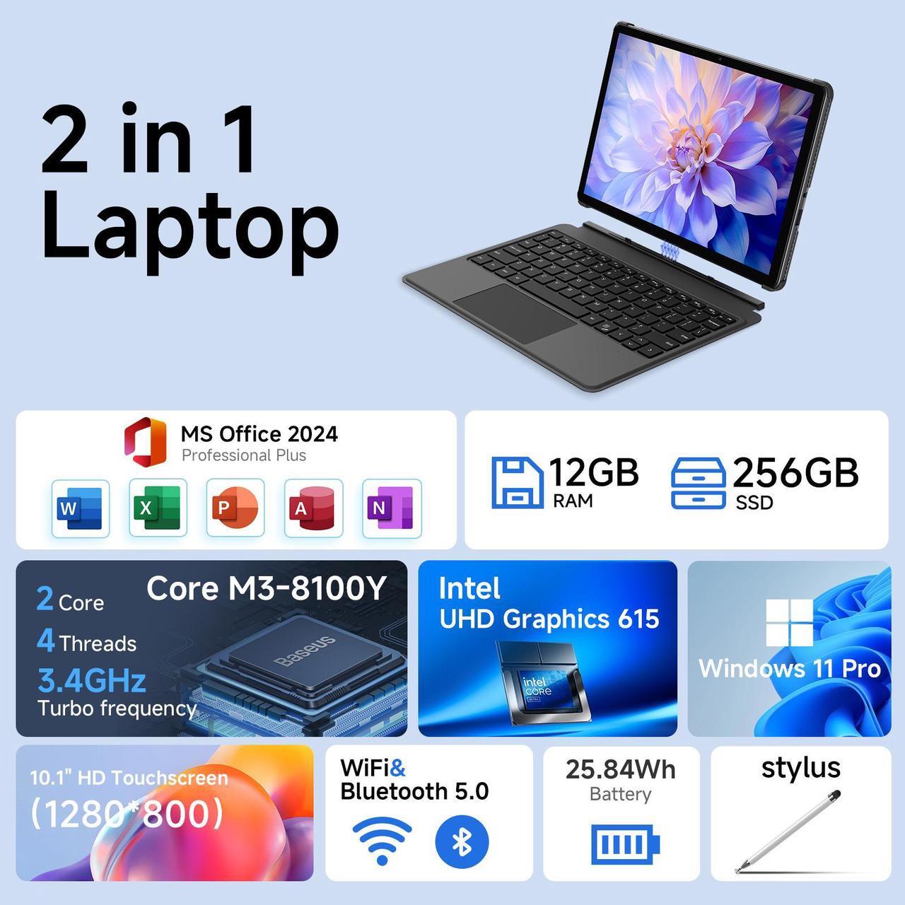 Alt view image 2 of 7 - TPV 10.1" 2 in 1 Tablet/Laptop Computer, 12GB RAM+256GB SSD, Windows 11 Tablet Touchscreen with Stylus and Keyboard, Intel M3-8100Y Processor(up to 3.40GHz), WiFi 5, BT 5, HDMI, Dual Camera, Gray