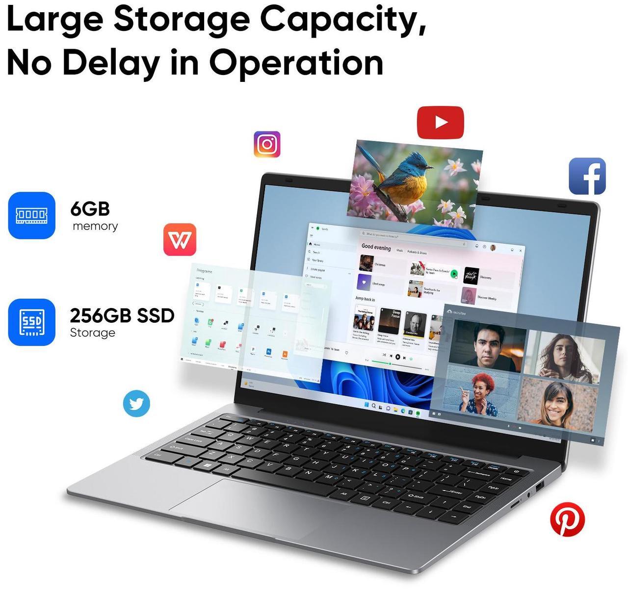 Alt view image 3 of 7 - TPV Windows 11 Laptop, Intel Celeron N4000 Processor, 6GB LPDDR4 RAM 256GB SSD Notebook, 14" HD(1366x768) Display, MS Office, WiFi, BT 5, Business Study Laptop Computer with English Keypad, Silver