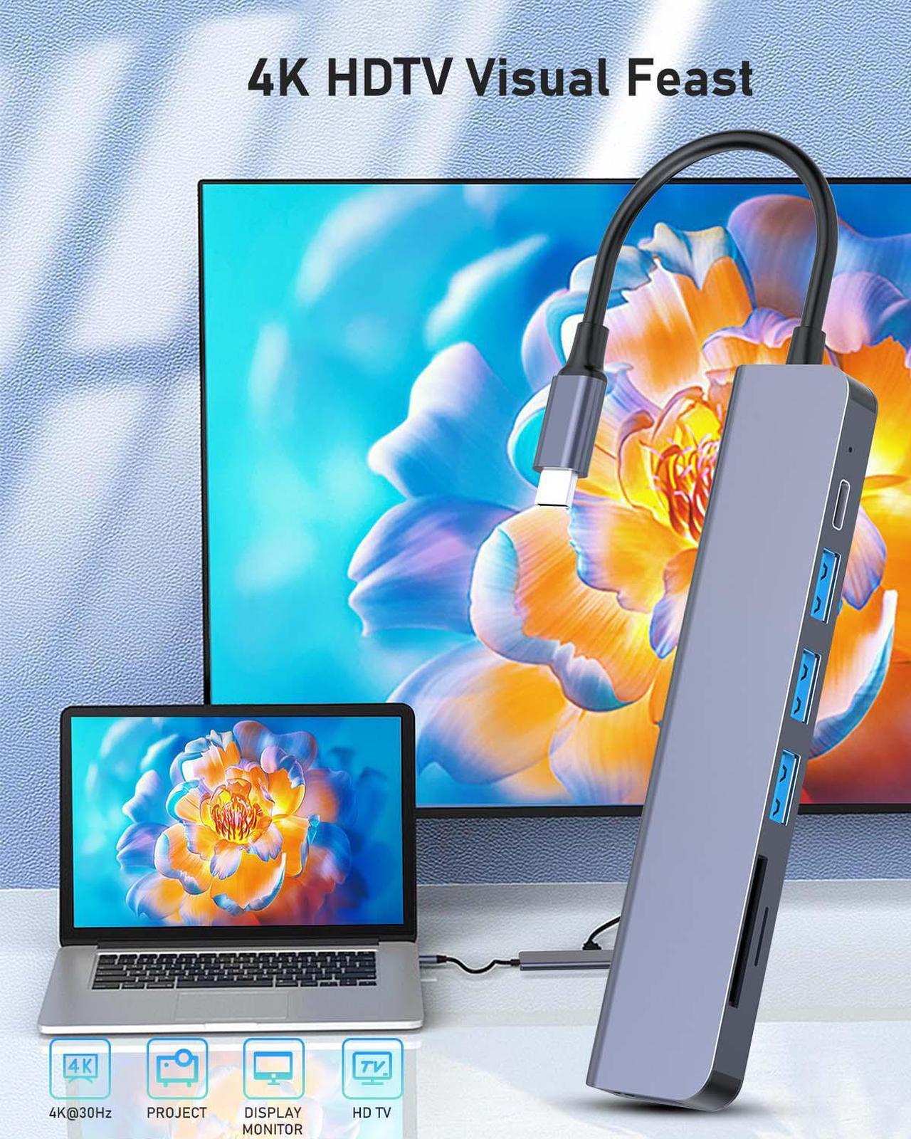 Alt view image 2 of 6 - Duomigo 7-in-1 USB C hub Type-c hub4K/30Hz HDTV PD 100W USB3.0*3 SD/TF Card Reader Adapter MacBook Pro/Air Mac laptops More Port
