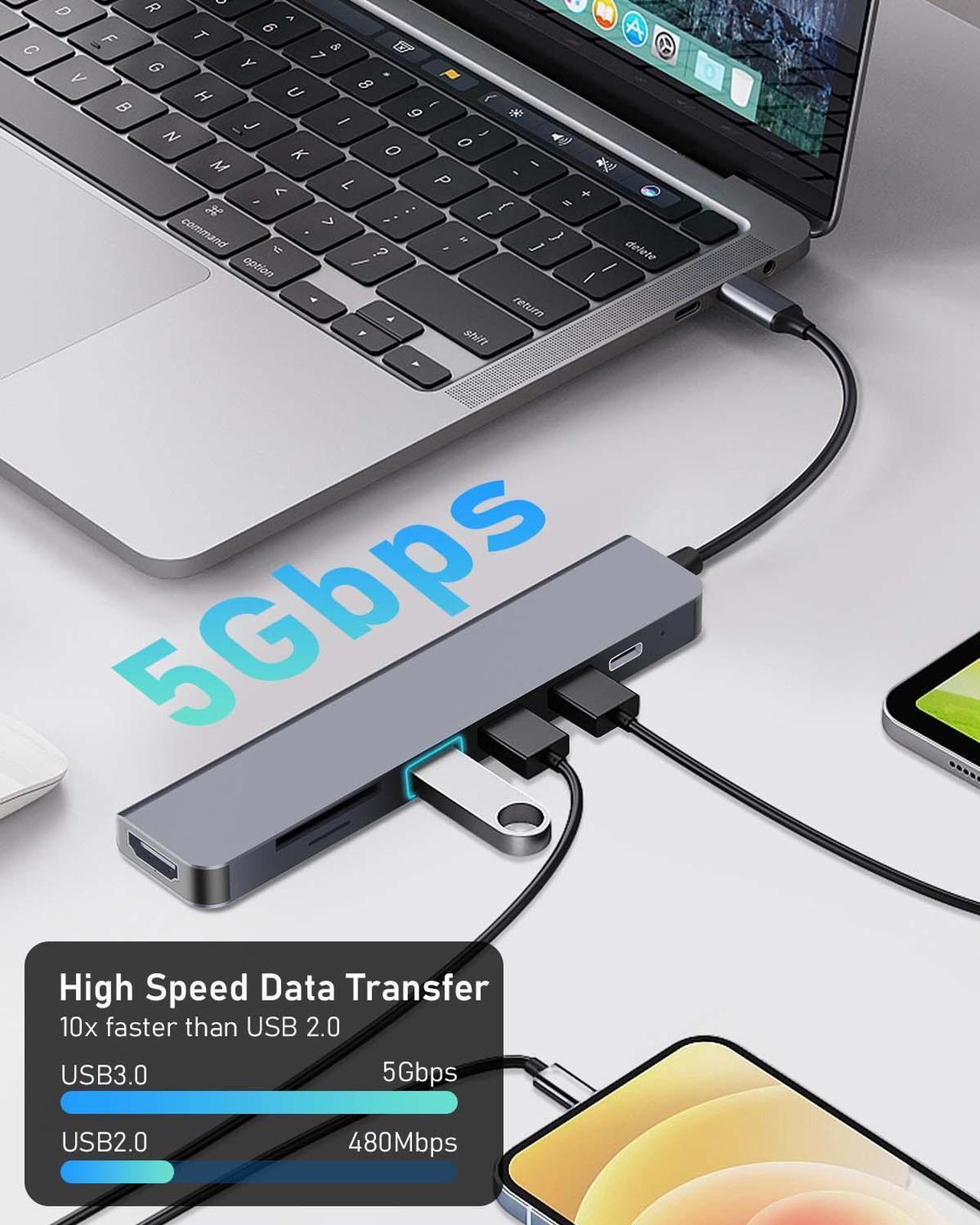 Alt view image 4 of 6 - Duomigo 7-in-1 USB C hub Type-c hub4K/30Hz HDTV PD 100W USB3.0*3 SD/TF Card Reader Adapter MacBook Pro/Air Mac laptops More Port