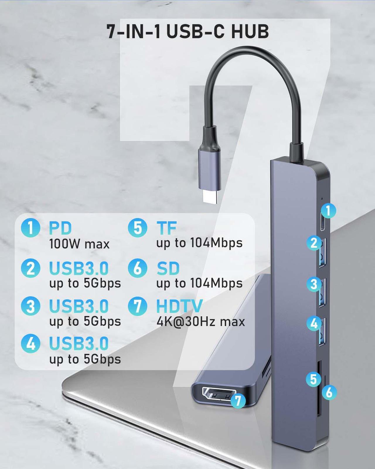 Alt view image 5 of 6 - Duomigo 7-in-1 USB C hub Type-c hub4K/30Hz HDTV PD 100W USB3.0*3 SD/TF Card Reader Adapter MacBook Pro/Air Mac laptops More Port