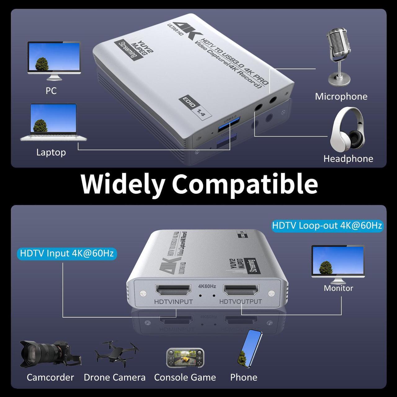 Alt view image 2 of 7 - Duomigo USB 3.0 4K HDTV Video Capture Card with Loop-Out, 1080P 60FPS/2K 30FPS, Audio Video Capture for Computer Gaming, Compatible with PS5, Switch, Xbox ,Camera, PC, OBS