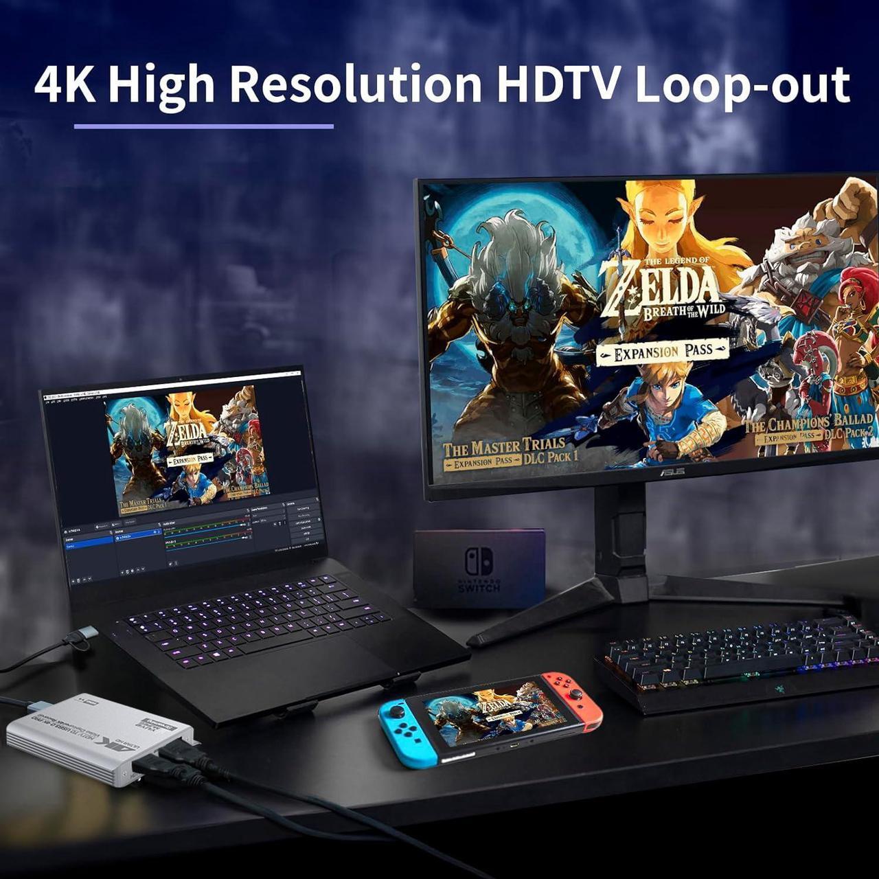 Alt view image 3 of 7 - Duomigo USB 3.0 4K HDTV Video Capture Card with Loop-Out, 1080P 60FPS/2K 30FPS, Audio Video Capture for Computer Gaming, Compatible with PS5, Switch, Xbox ,Camera, PC, OBS