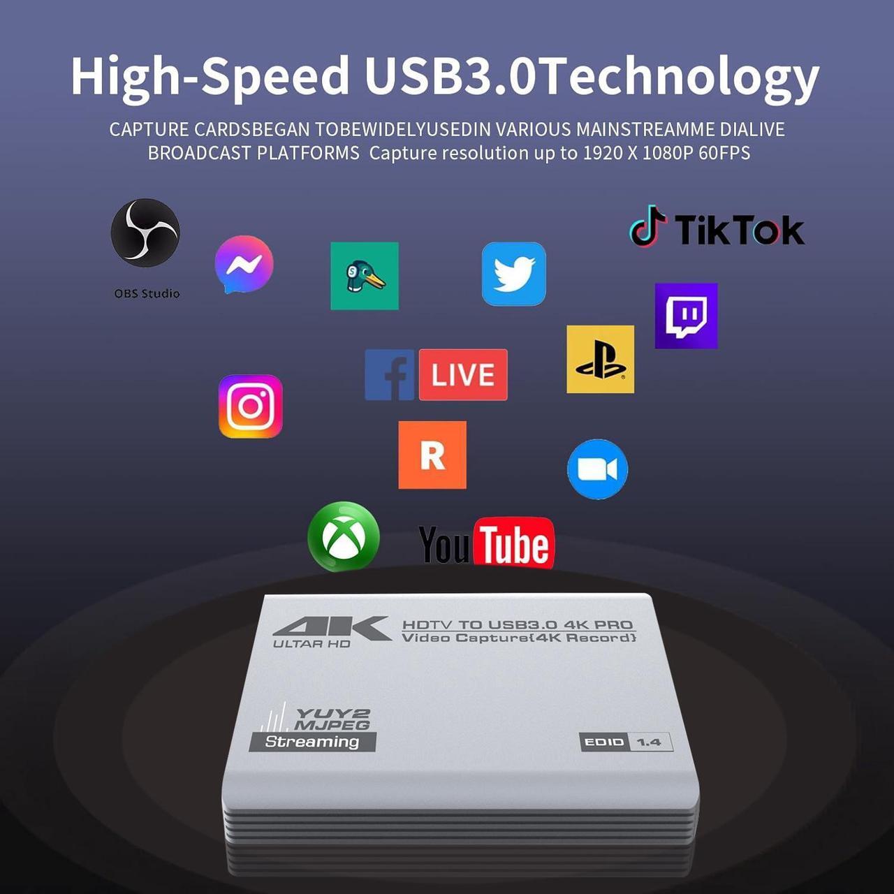 Alt view image 5 of 7 - Duomigo USB 3.0 4K HDTV Video Capture Card with Loop-Out, 1080P 60FPS/2K 30FPS, Audio Video Capture for Computer Gaming, Compatible with PS5, Switch, Xbox ,Camera, PC, OBS