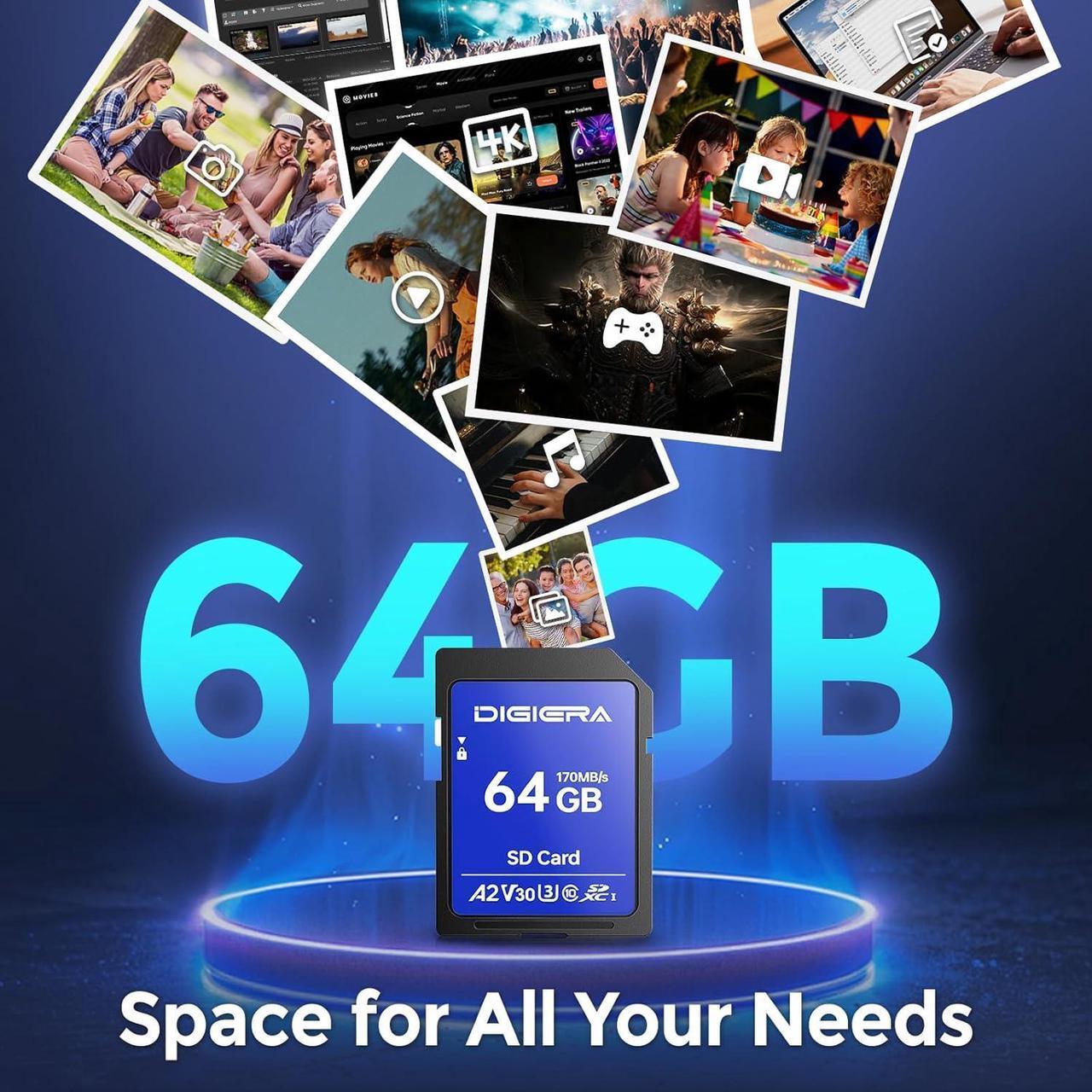 Alt view image 3 of 7 - DIGIERA SDXC Memory Card  UHS-I, C10, V30, U3  Up to 170MB/s Read, 140MB/s Write  4K UHD Video, DSLR, Drone, Laptop, Action Camera