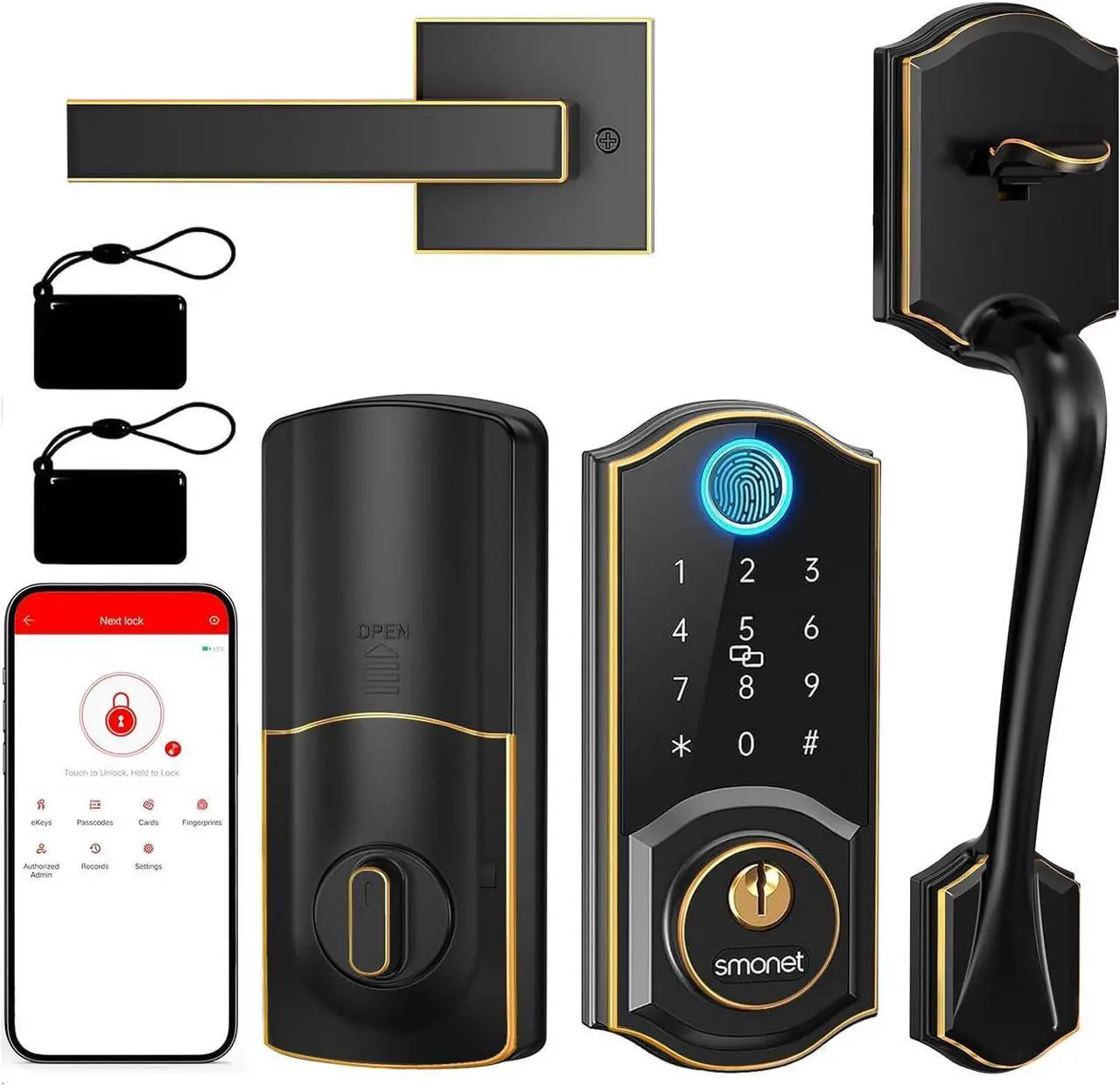 Main image of SMONET Smart Front Door Lock Set - Keyless Entry Door Lock with Handleset Digital Smart Door Lock Fingerprint Keypad Bluetooth Deadbolt Lockset Auto Lock, Work with Alexa