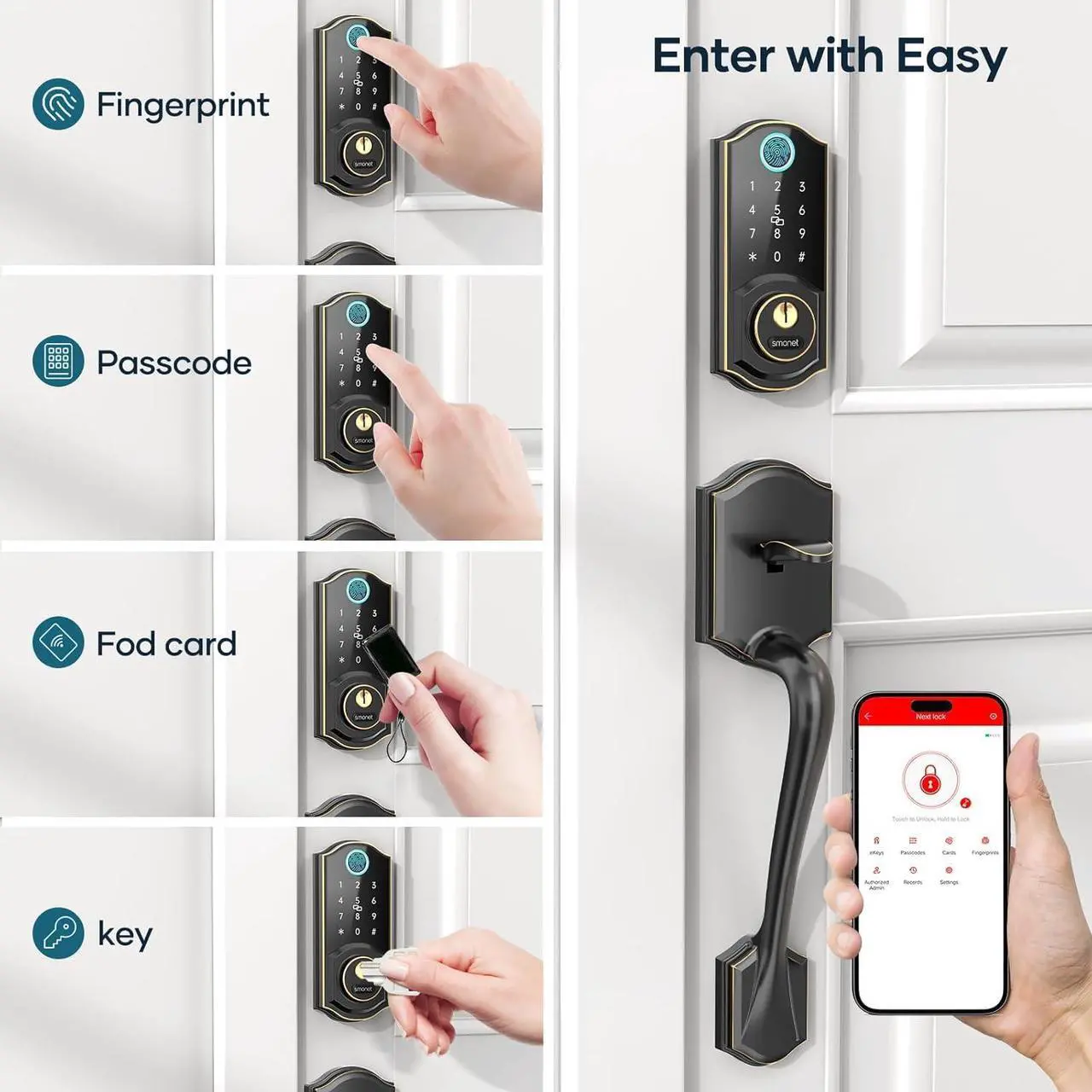 Alt view image 3 of 7 - SMONET Smart Front Door Lock Set - Keyless Entry Door Lock with Handleset Digital Smart Door Lock Fingerprint Keypad Bluetooth Deadbolt Lockset Auto Lock, Work with Alexa