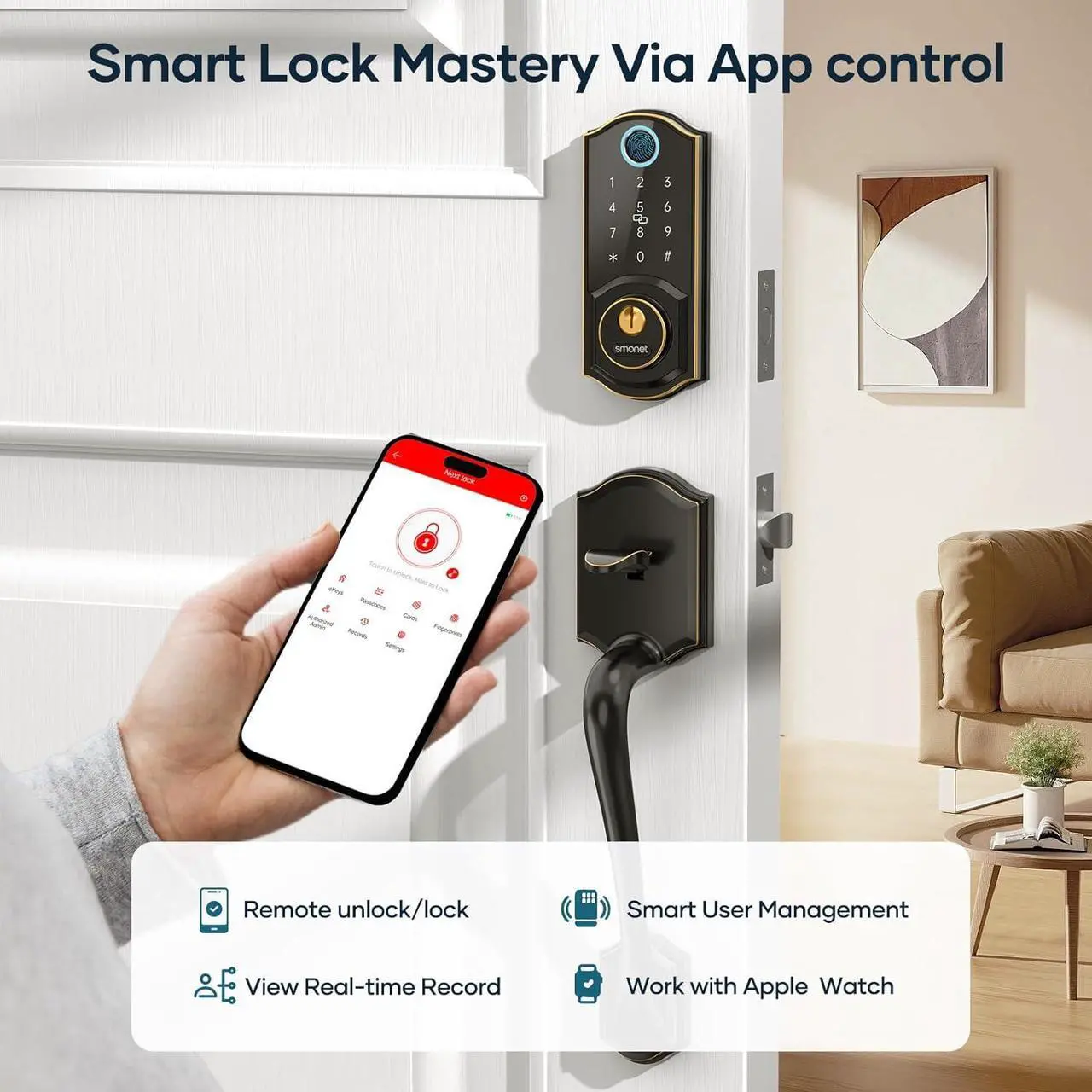 Alt view image 2 of 7 - SMONET Smart Front Door Lock Set - Keyless Entry Door Lock with Handleset Digital Smart Door Lock Fingerprint Keypad Bluetooth Deadbolt Lockset Auto Lock, Work with Alexa