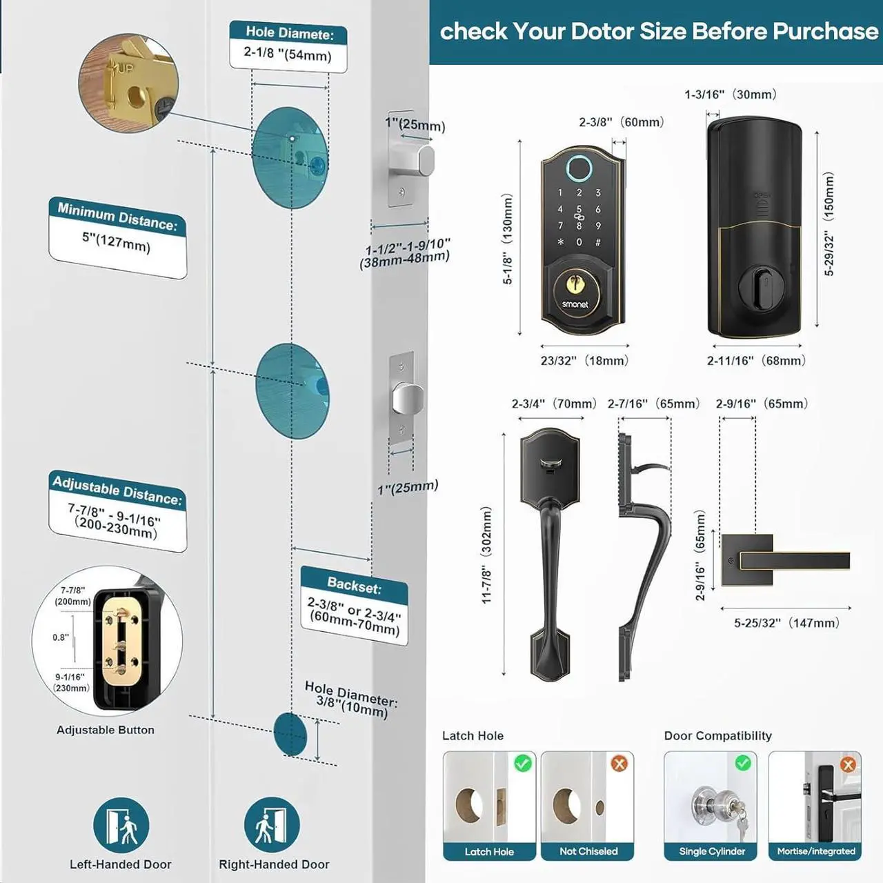 Alt view image 7 of 7 - SMONET Smart Front Door Lock Set - Keyless Entry Door Lock with Handleset Digital Smart Door Lock Fingerprint Keypad Bluetooth Deadbolt Lockset Auto Lock, Work with Alexa