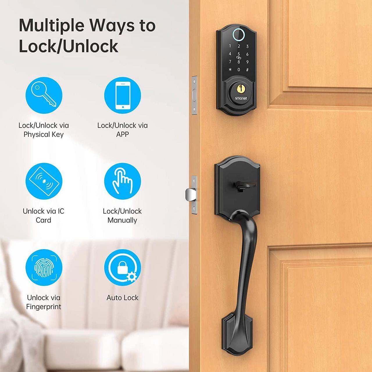 Alt view image 2 of 7 - SMONET Smart Front Door Lock Set Fingerprint Keyless Entry Handle Set Keypad Deadbolt Lock with Bluetooth Electronic Digital Smart Door Lock,Auto Lock Work with Alexa, Easy to Install Black