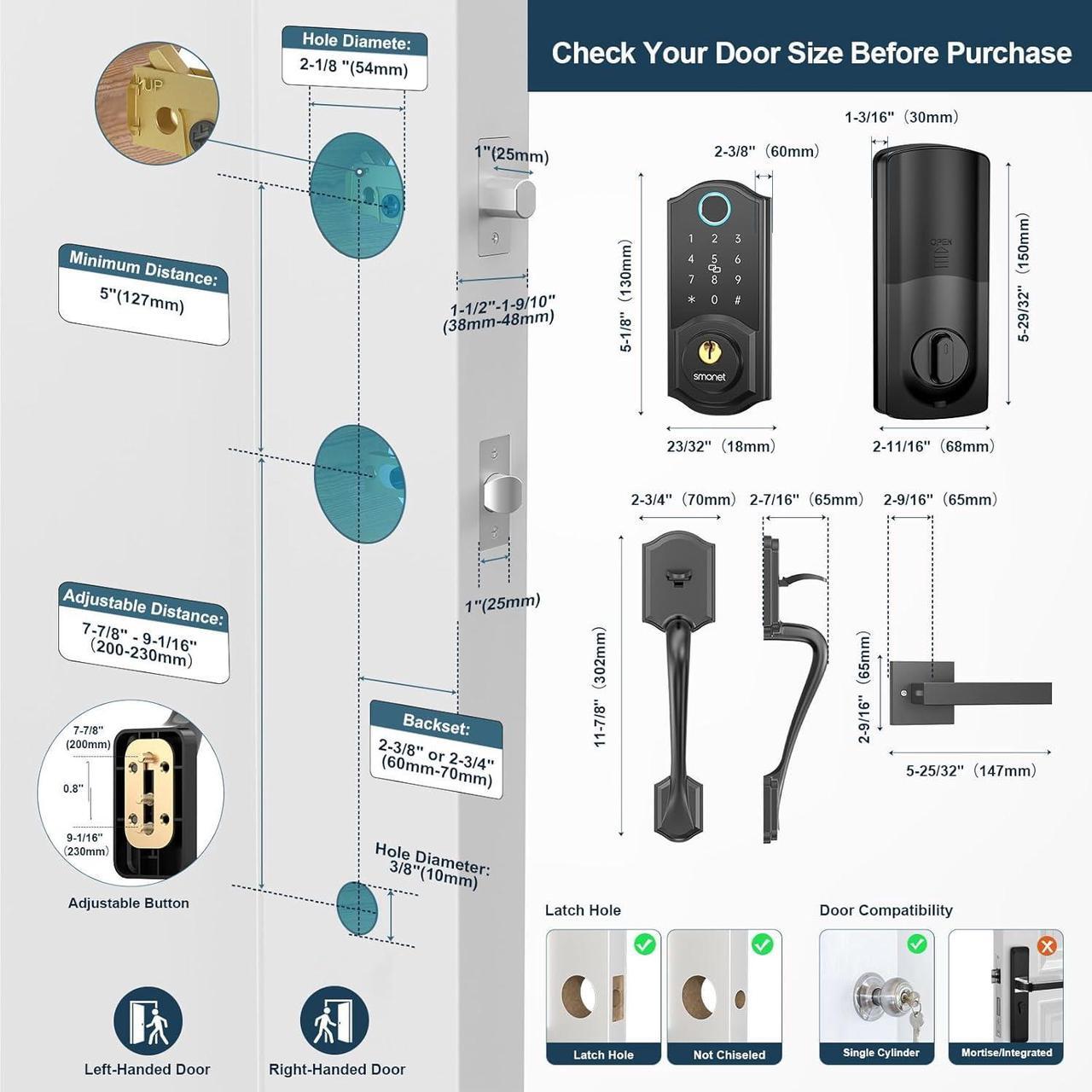 Alt view image 7 of 7 - SMONET Smart Front Door Lock Set Fingerprint Keyless Entry Handle Set Keypad Deadbolt Lock with Bluetooth Electronic Digital Smart Door Lock,Auto Lock Work with Alexa, Easy to Install Black