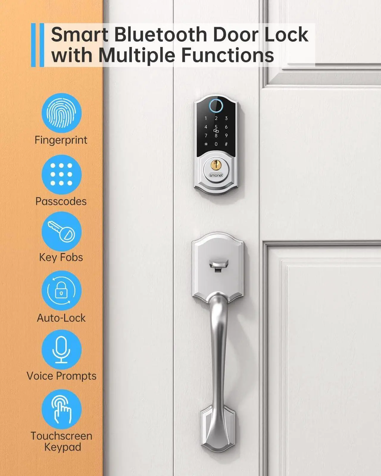 Alt view image 2 of 7 - SMONET Smart Front Door Lock Set, Keyless Entry Lock with Handle, Smart Deadbolt Auto-Lock Function and Simple Installation, Fingerprint Keypad Buletooth Digital Deadbolt, Work with Alexa