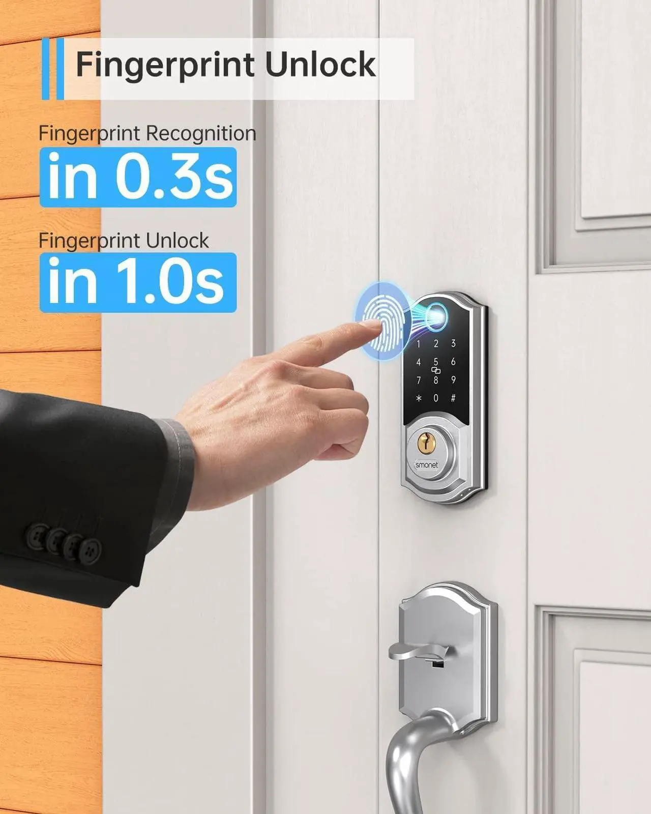 Alt view image 4 of 7 - SMONET Smart Front Door Lock Set, Keyless Entry Lock with Handle, Smart Deadbolt Auto-Lock Function and Simple Installation, Fingerprint Keypad Buletooth Digital Deadbolt, Work with Alexa