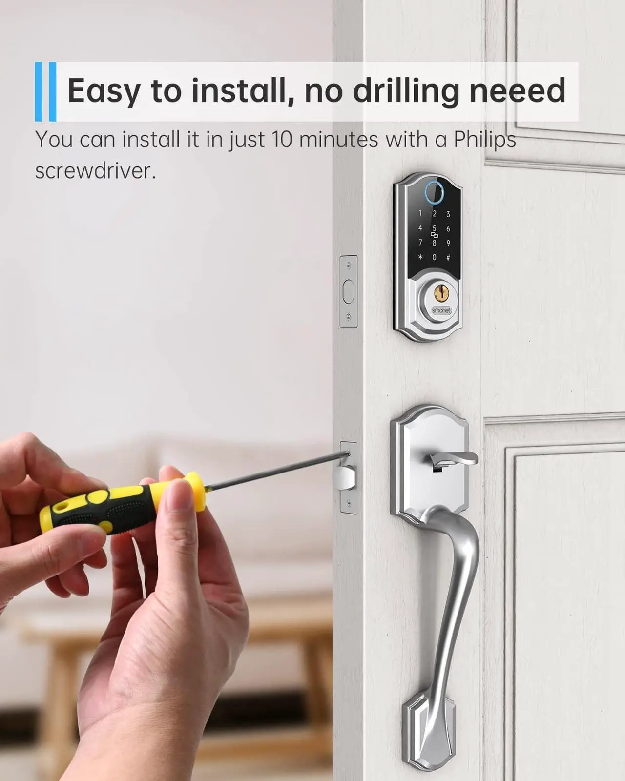 Alt view image 6 of 7 - SMONET Smart Front Door Lock Set, Keyless Entry Lock with Handle, Smart Deadbolt Auto-Lock Function and Simple Installation, Fingerprint Keypad Buletooth Digital Deadbolt, Work with Alexa