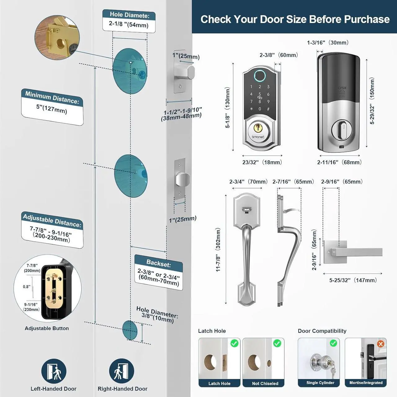 Alt view image 7 of 7 - SMONET Smart Front Door Lock Set, Keyless Entry Lock with Handle, Smart Deadbolt Auto-Lock Function and Simple Installation, Fingerprint Keypad Buletooth Digital Deadbolt, Work with Alexa