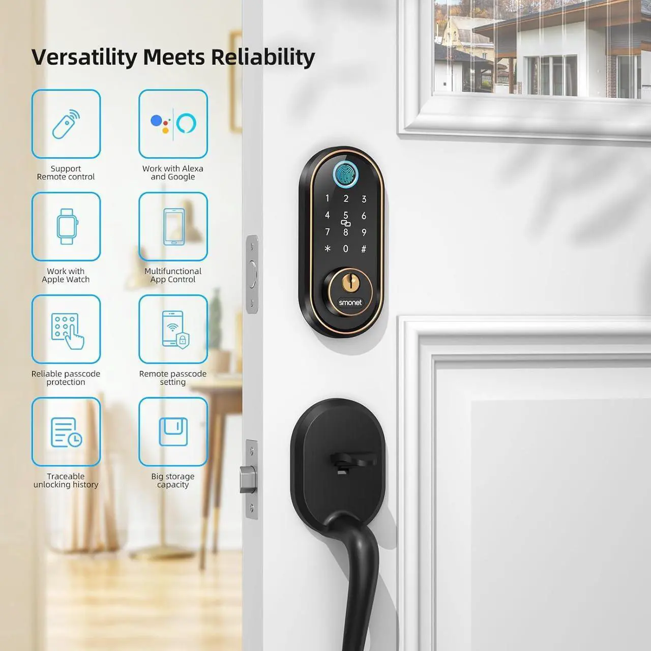 Alt view image 3 of 7 - SMONET Smart Locks for Front Door - Fingerprint Keyless Entry Electronic Touchscreen Keypad Biometric Digital Bluetooth Auto Lock, App Remote Control, Easy Installation for Home Airbnb