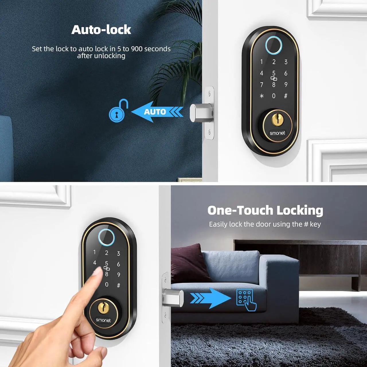 Alt view image 6 of 7 - SMONET Smart Locks for Front Door - Fingerprint Keyless Entry Electronic Touchscreen Keypad Biometric Digital Bluetooth Auto Lock, App Remote Control, Easy Installation for Home Airbnb