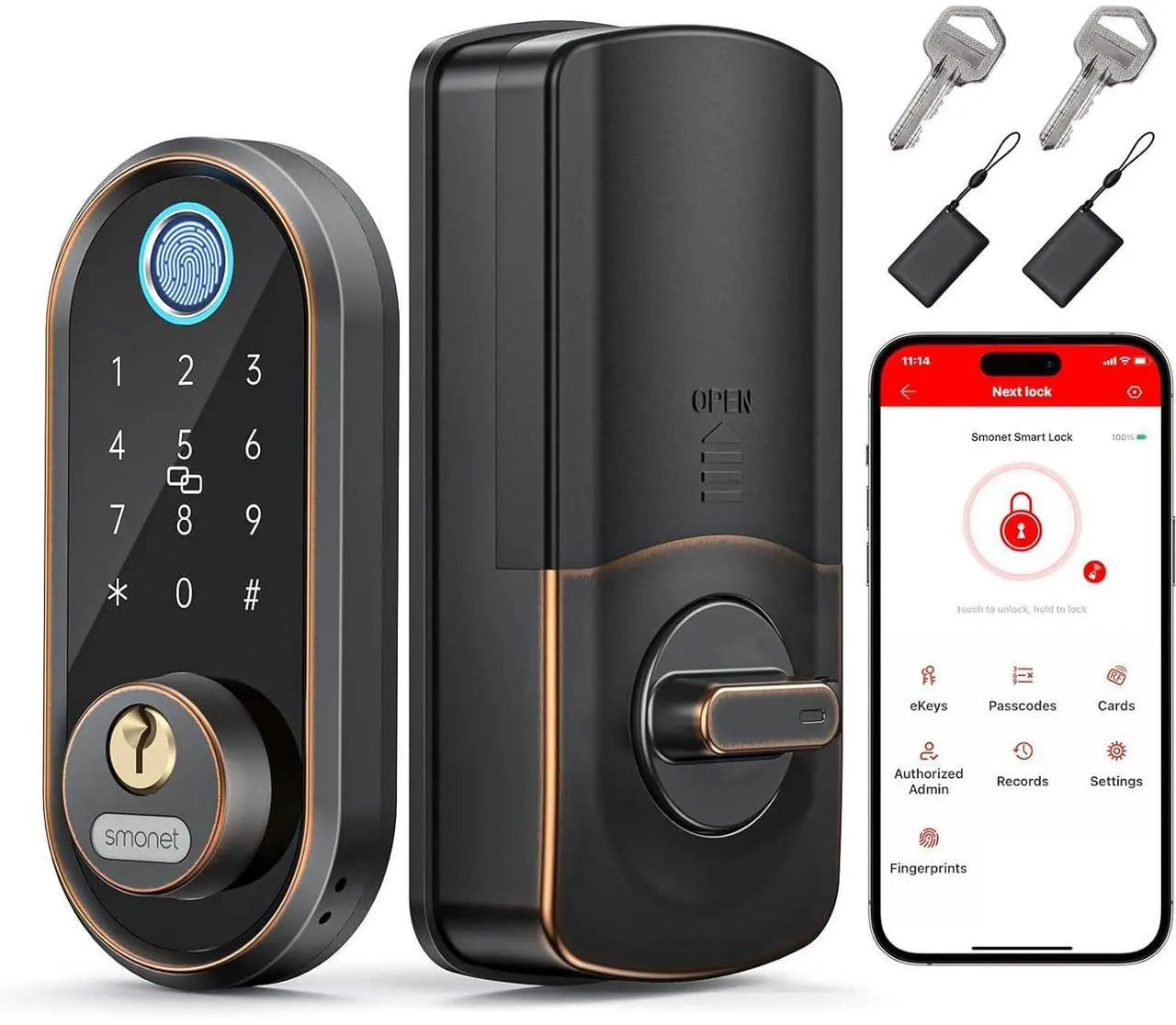Main image of SMONET Smart Locks for Front Door - Fingerprint Keyless Entry Electronic Touchscreen Keypad Biometric Digital Bluetooth Auto Lock, App Remote Control, Easy Installation for Home Airbnb