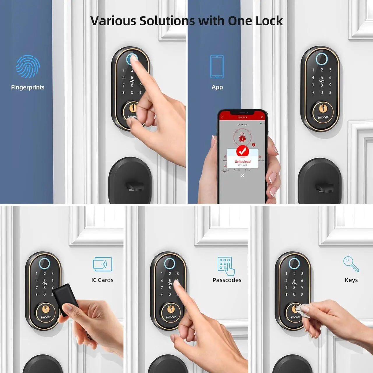 Alt view image 4 of 7 - SMONET Smart Locks for Front Door - Fingerprint Keyless Entry Electronic Touchscreen Keypad Biometric Digital Bluetooth Auto Lock, App Remote Control, Easy Installation for Home Airbnb