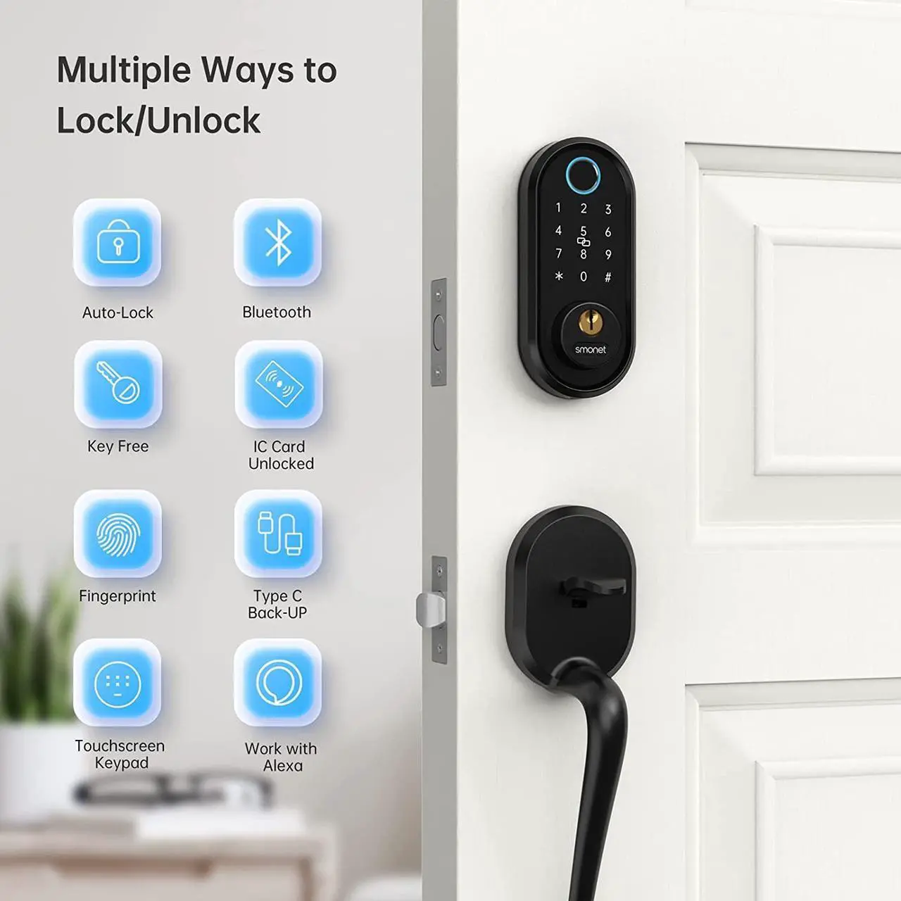 Alt view image 2 of 7 - SMONET Keyless Entry Smart Door Lock for Front Door Electronic Bluetooth Deadbolt with Biometric Fingerprint Auto Lock Phone Control for Home Apartment Airbnb