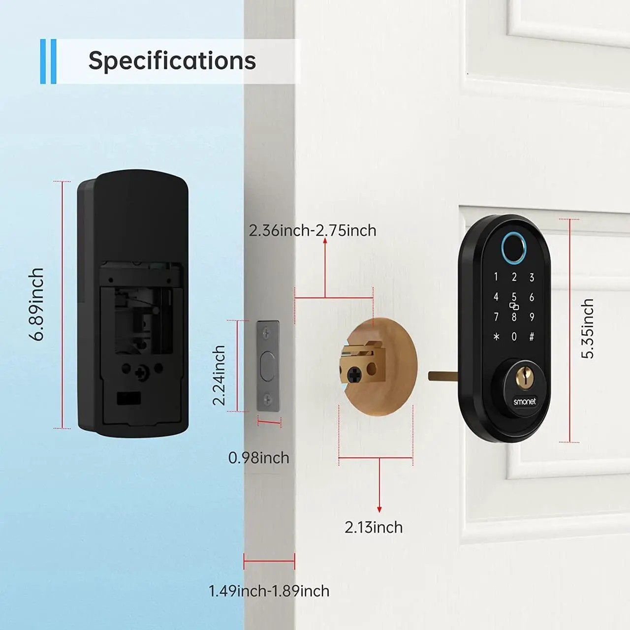 Alt view image 7 of 7 - SMONET Keyless Entry Smart Door Lock for Front Door Electronic Bluetooth Deadbolt with Biometric Fingerprint Auto Lock Phone Control for Home Apartment Airbnb
