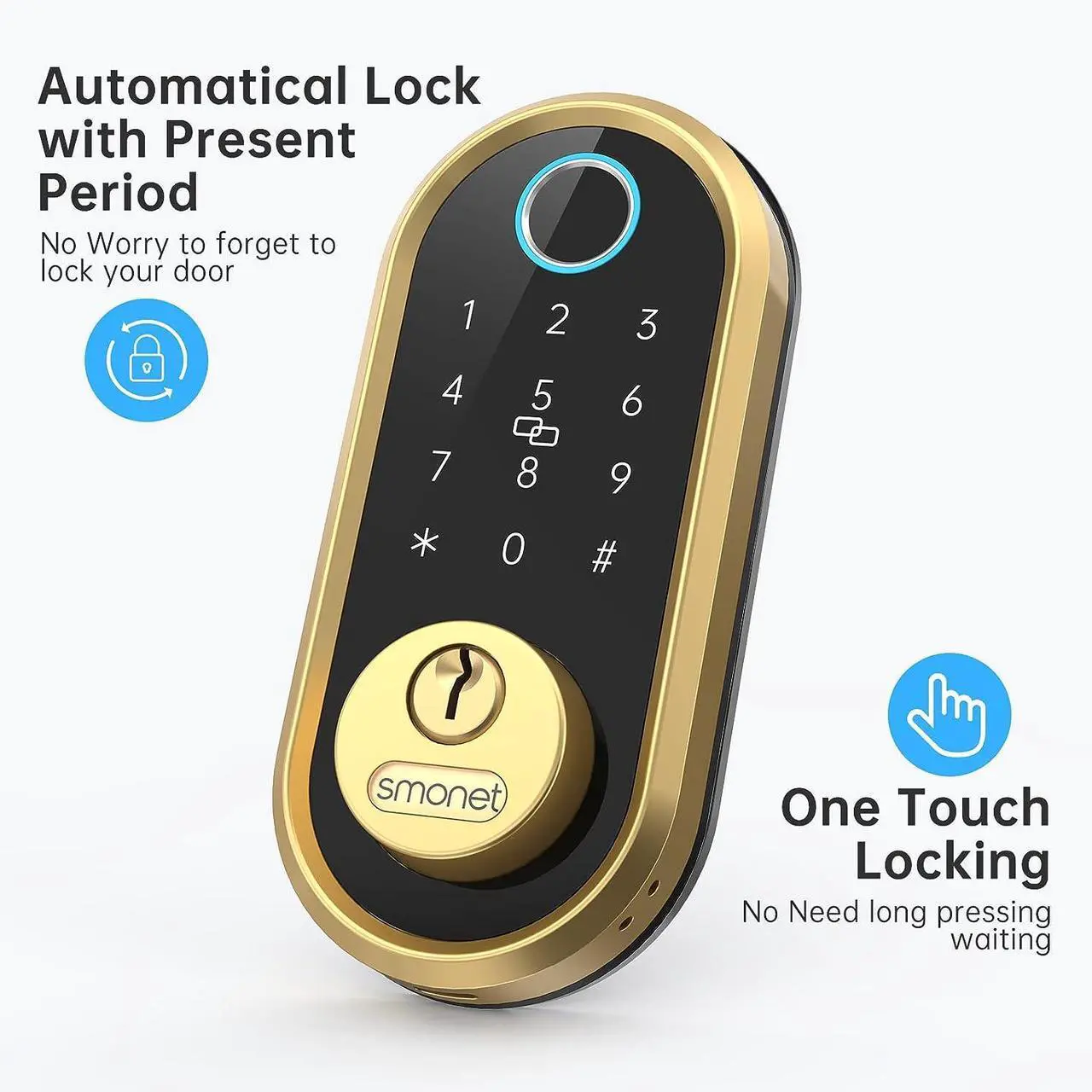 Alt view image 4 of 7 - SMONET Smart Lock Bluetooth Keyless Entry Keypad Smart Deadbolt-Fingerprint Electronic Deadbolt Door Lock-App Control, Remote Ekeys Sharing, App Monitoring Easy to Install for Homes and Hotel GOLD
