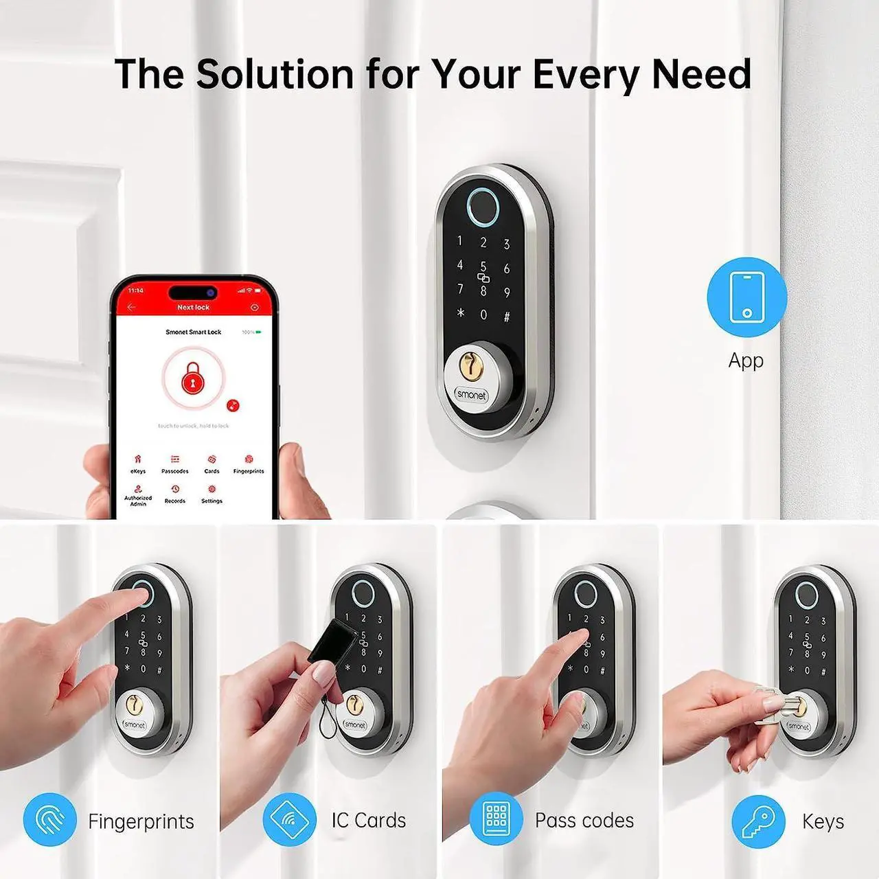 Alt view image 3 of 7 - SMONET Smart Deadbolt, Fingerprint Electronic Deadbolt Door Lock with Keypad-Bluetooth Keyless Entry Smart Deadbolt App Control, Ekeys Sharing, App Monitoring Auto Lock for Homes and Hotel SILVER