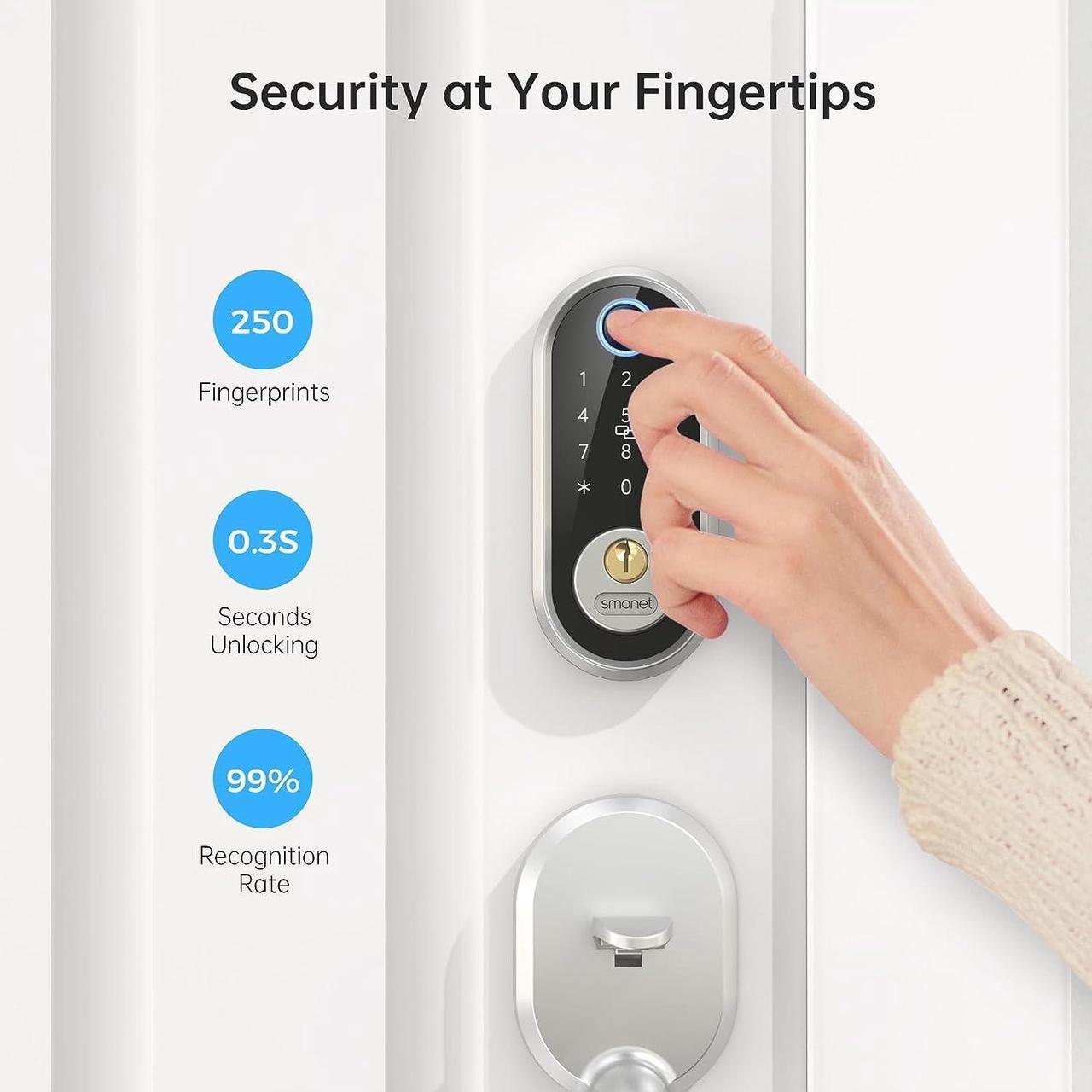 Alt view image 3 of 7 - SMONET Smart Front Door Lock Set - Fingerprint Deadbolt Keypad Front Door Lock Handle Keyless Entry Door Lock Electronic Touchscreen Keypad Biometric Digital Bluetooth Deadbolt Work with Alexa Silver