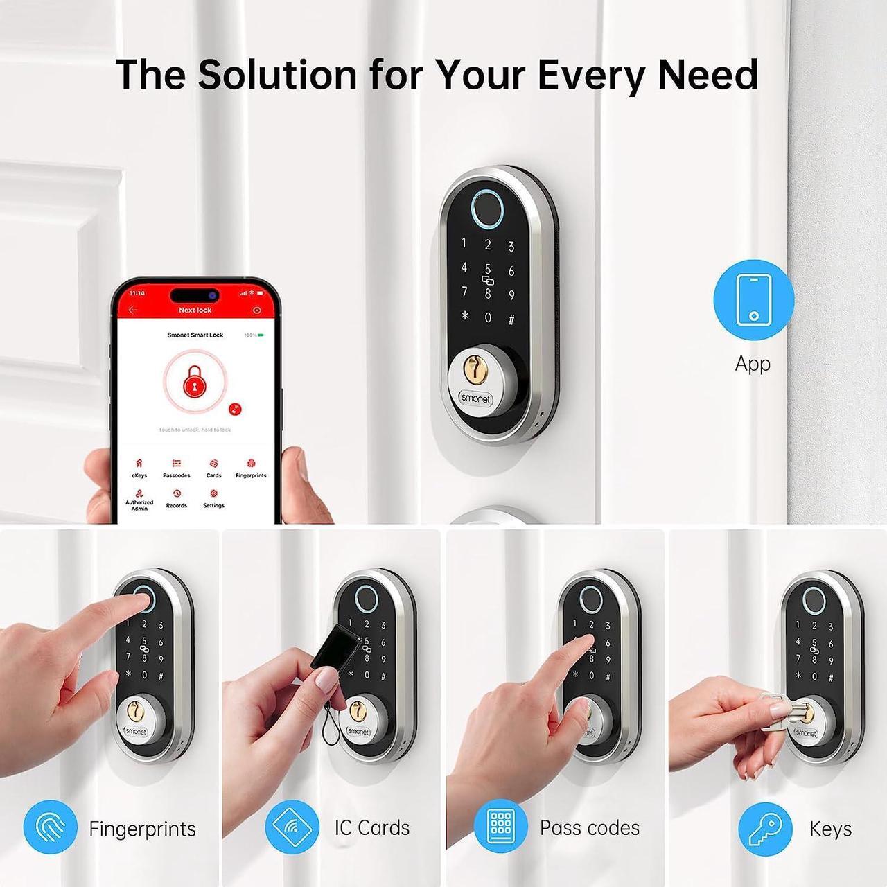 Alt view image 4 of 7 - SMONET Smart Front Door Lock Set - Fingerprint Deadbolt Keypad Front Door Lock Handle Keyless Entry Door Lock Electronic Touchscreen Keypad Biometric Digital Bluetooth Deadbolt Work with Alexa Silver