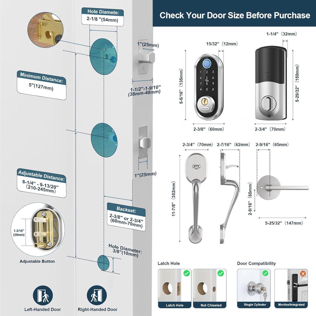Alt view image 7 of 7 - SMONET Smart Front Door Lock Set - Fingerprint Deadbolt Keypad Front Door Lock Handle Keyless Entry Door Lock Electronic Touchscreen Keypad Biometric Digital Bluetooth Deadbolt Work with Alexa Silver