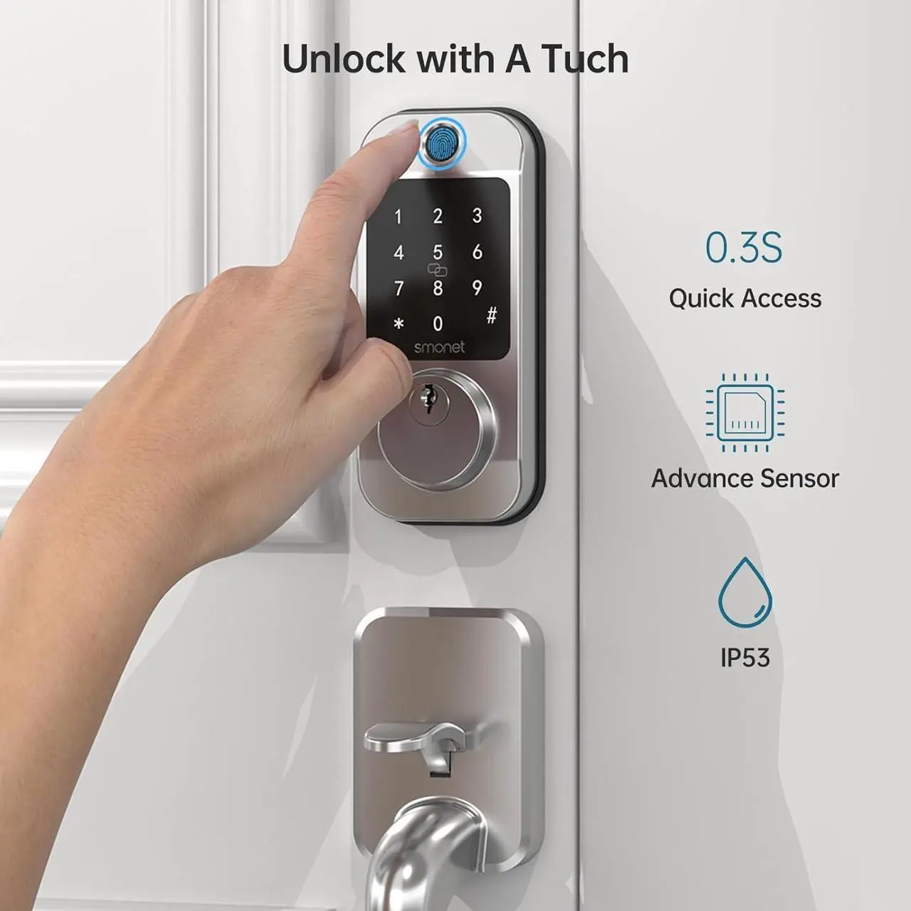 Alt view image 2 of 7 - SMONET Front Door Lock Handle Set, Smart Fingerprint Keyless Entry WiFi Deadbolt with Bluetooth, Alexa, Keypad, Remote Control, Auto Lock, App & Fob Work with Alexa for Home Airbnb Rental - Silver