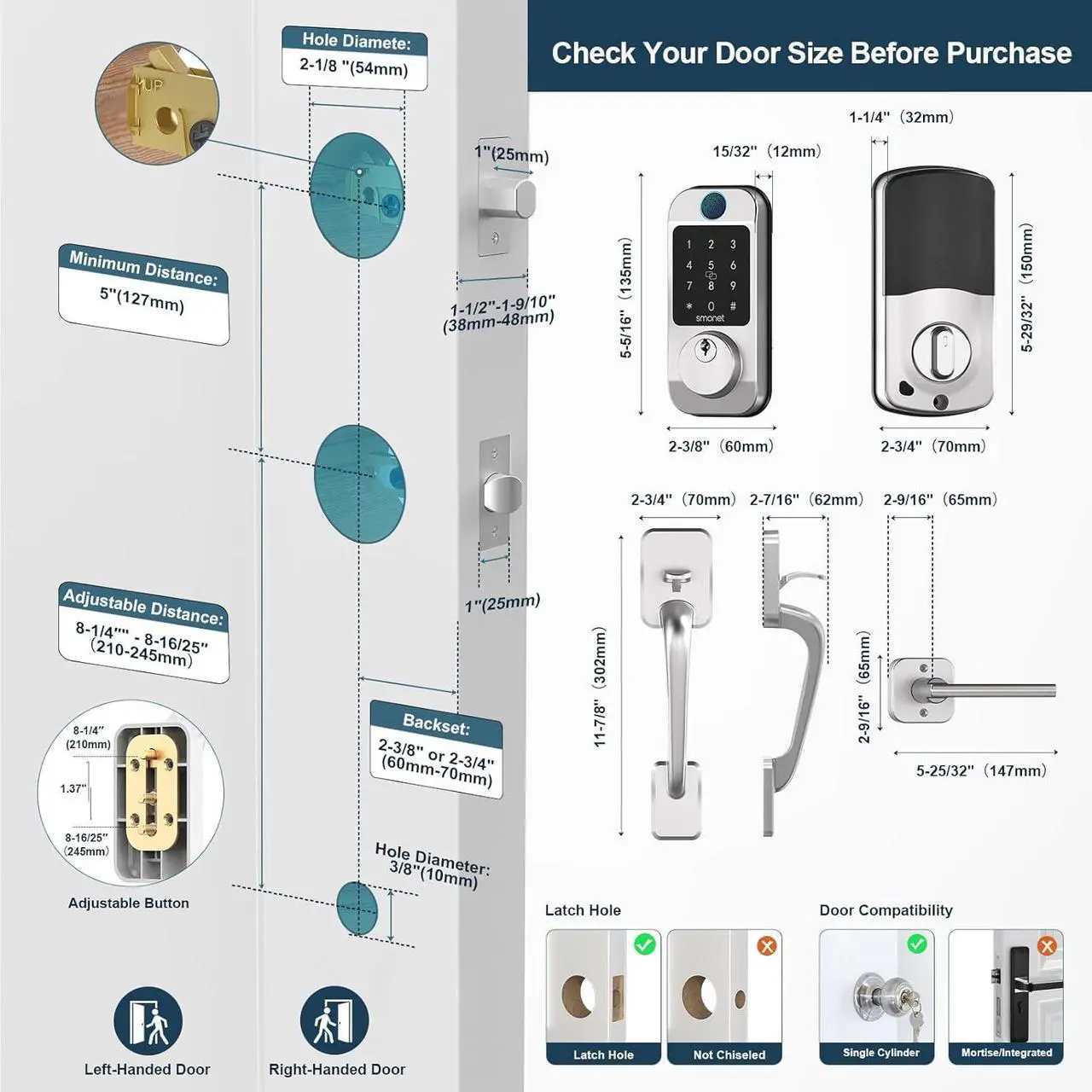 Alt view image 7 of 7 - SMONET Front Door Lock Handle Set, Smart Fingerprint Keyless Entry WiFi Deadbolt with Bluetooth, Alexa, Keypad, Remote Control, Auto Lock, App & Fob Work with Alexa for Home Airbnb Rental - Silver