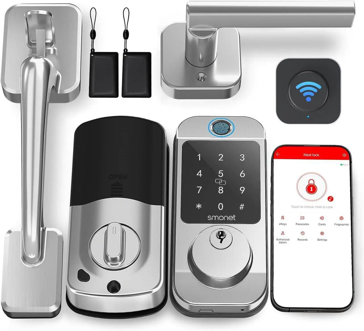 Main image of SMONET Front Door Lock Handle Set, Smart Fingerprint Keyless Entry WiFi Deadbolt with Bluetooth, Alexa, Keypad, Remote Control, Auto Lock, App & Fob Work with Alexa for Home Airbnb Rental - Silver