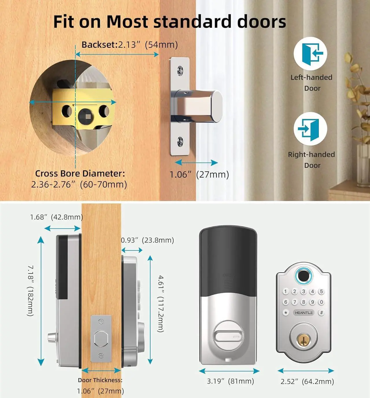 Alt view image 7 of 7 - HEANTLE Smart Deadbolt Lock: Fingerprint Keyless Entry Door Lock with Backlit Keypad for Front Door Auto Lock Simple Installation Silver