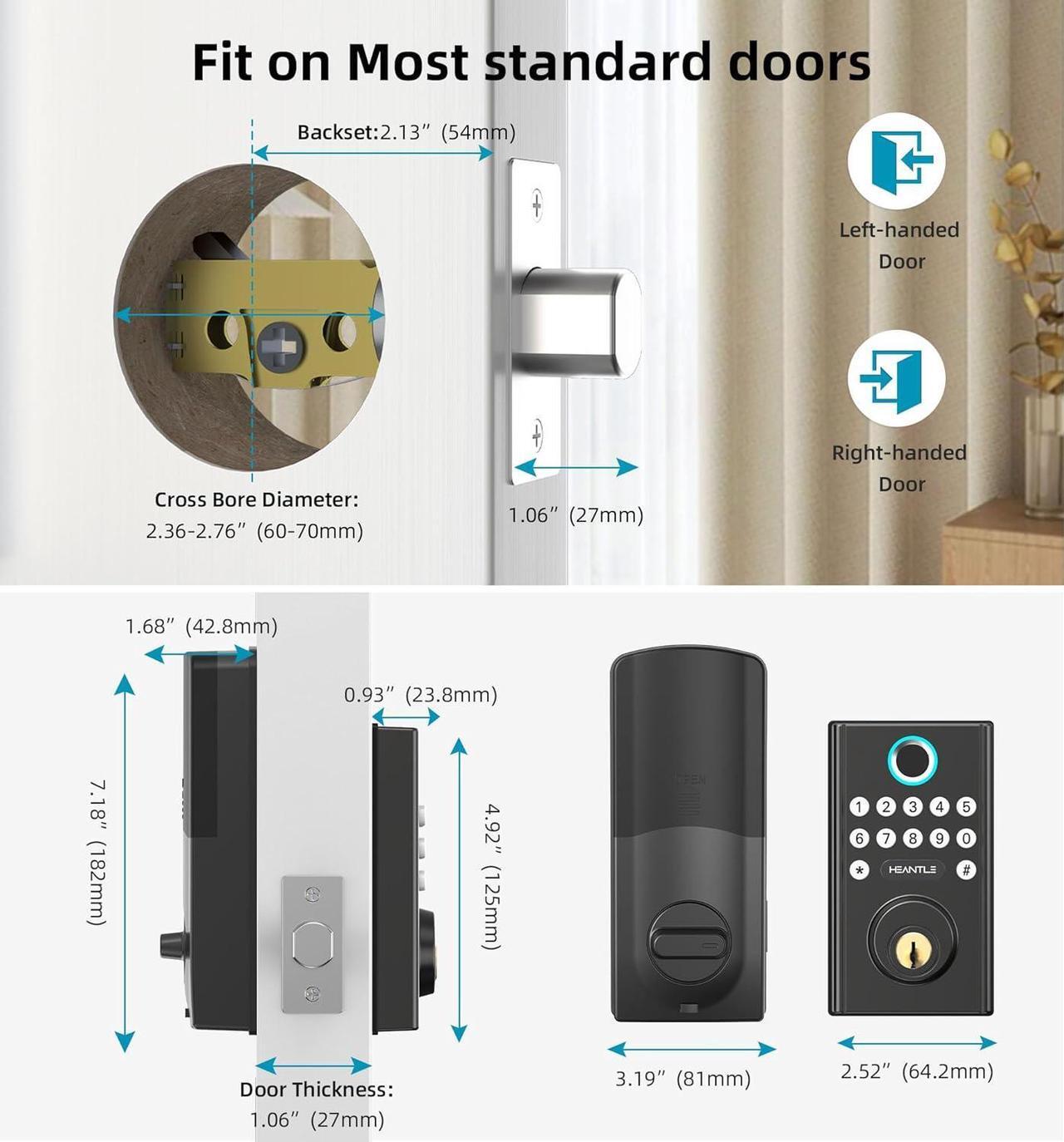 Alt view image 7 of 7 - HEANTLE Keyless Entry Door Lock: Smart Deadbolt for Front Door with Auto Lock Easy Installation Fingerprint Deadbolt for Home Apartment Black