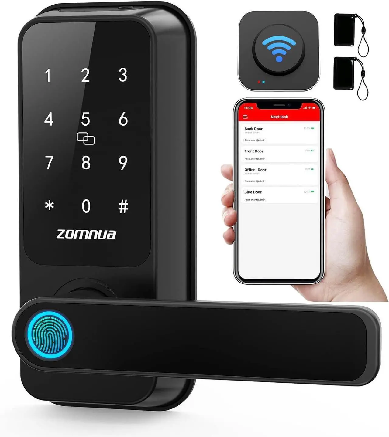Main image of ZOMNUA WiFi Keyless Entry Door Lock with Handle,Fingerprint Smart Deadbolt Digital Keypad Front Door Lock Handle,Biometric Alexa with Fob Keys Gateway for Home Office,Black