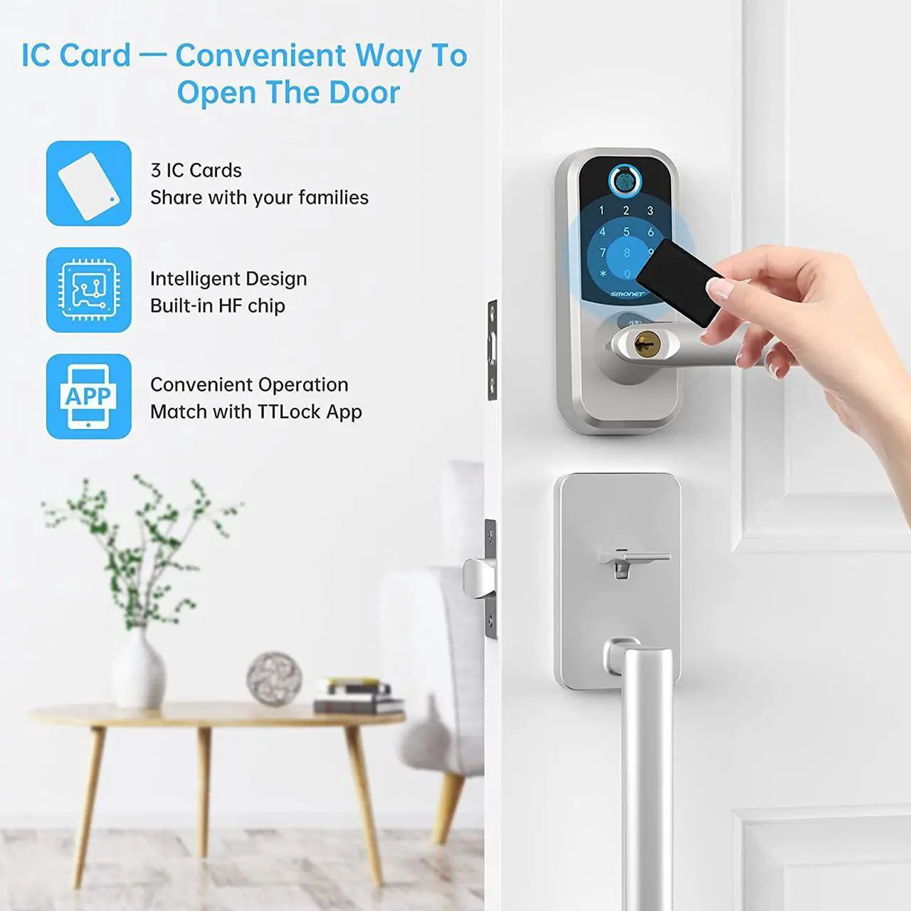 Alt view image 5 of 7 - SMONET 3Pcs IC Cards for Smart Door Lock, 13.56MHz RFID Key Fob for TTLock Smart Deadbolt, Keyless Entry Contactless Key