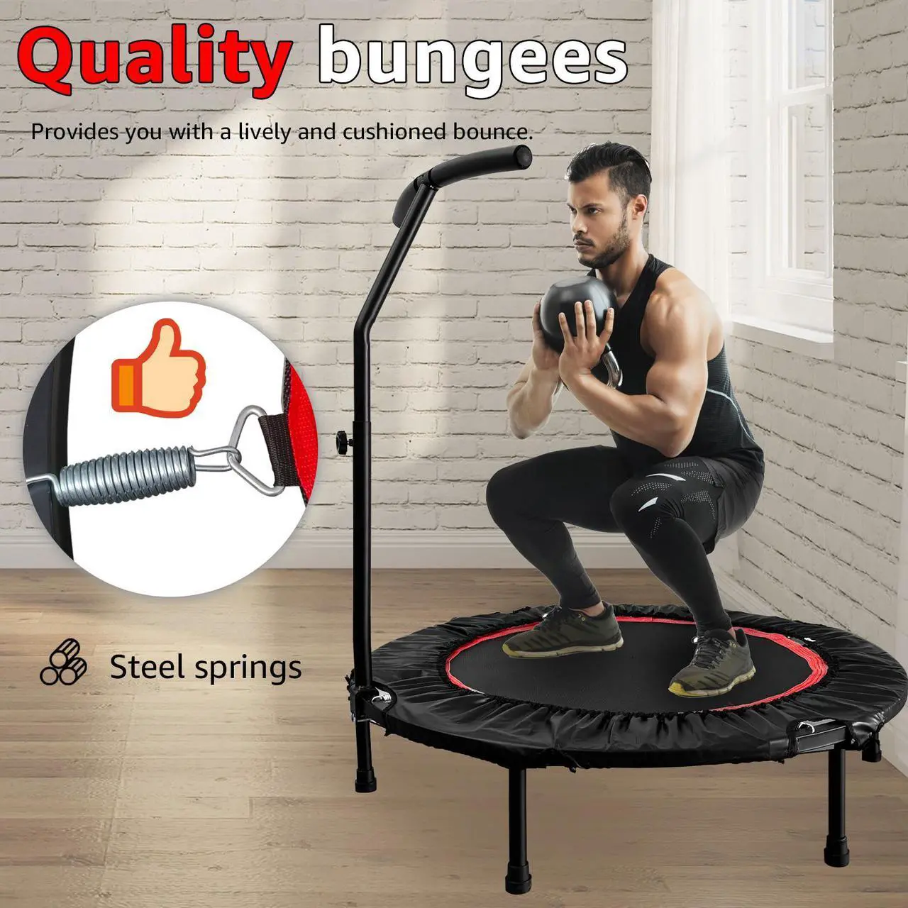 Alt view image 4 of 7 - EVGTTI 40" Fitness Mini Trampoline, Exercise Rebounder Mini Trampoline for Adults, Foldable with Adjustable T-Shaped Handrail Max Load 440lbs